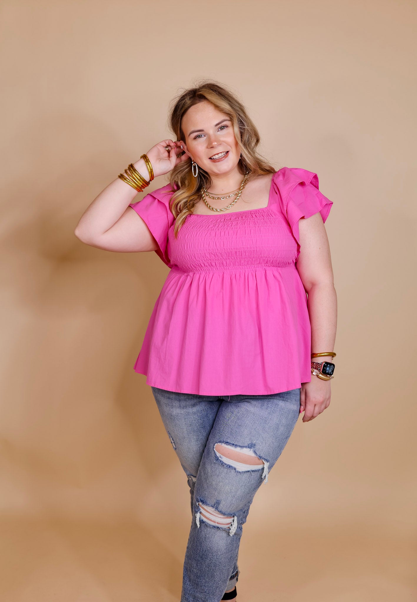 Celebrate Good Times Smocked Babydoll Top in Pink - Giddy Up Glamour Boutique