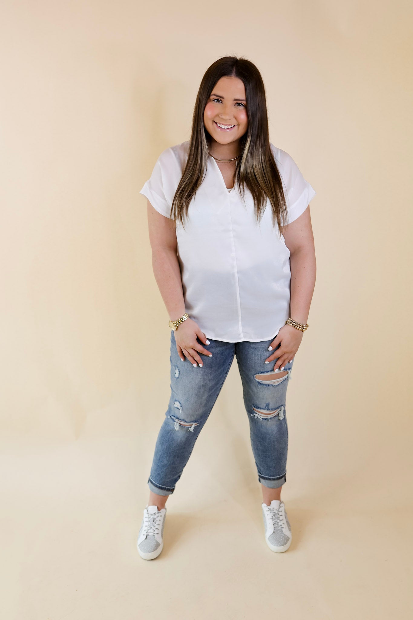 Channeling Confidence Notch Neck Short Sleeve Top in White - Giddy Up Glamour Boutique