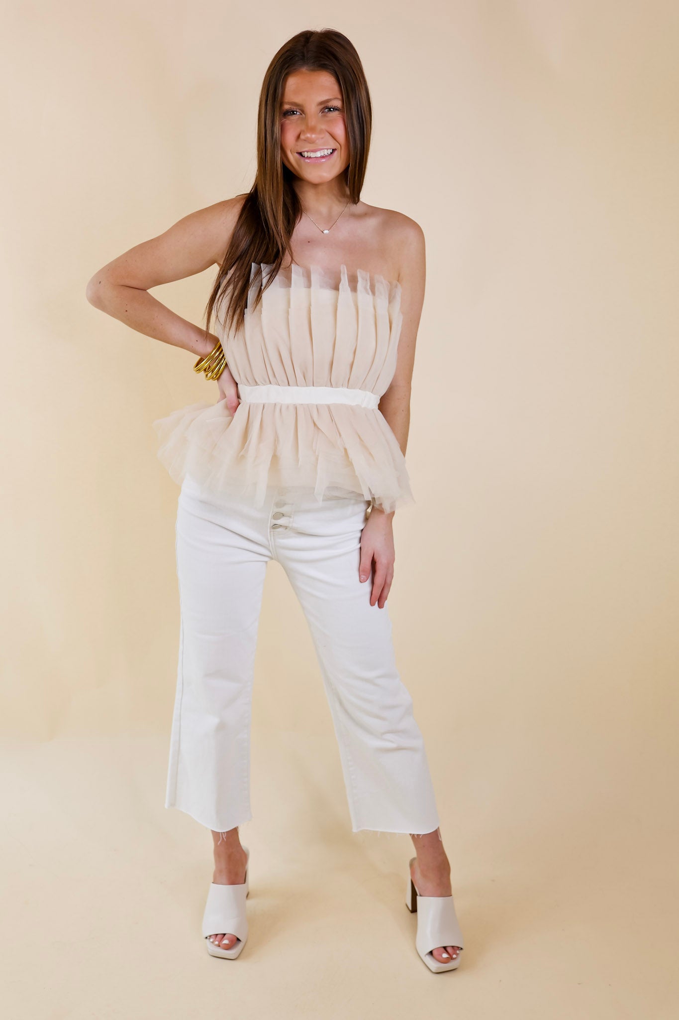 Pretty In Paris Strapless Tulle Top in Natural - Giddy Up Glamour Boutique