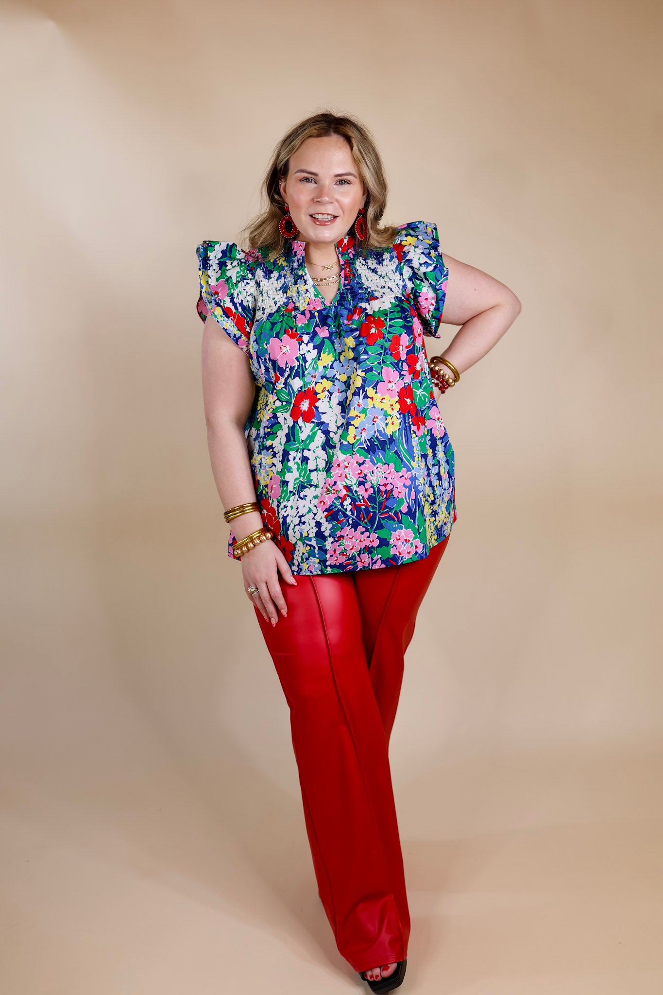 Lovely Line Up Floral Print Top with Ruffle Cap Sleeves in Blue Mix - Giddy Up Glamour Boutique