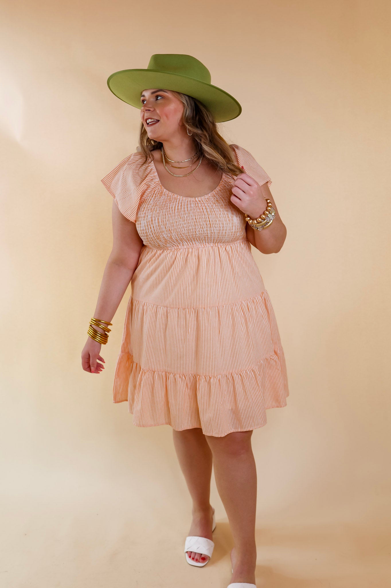Sweet To Me Smocked Upper Pin Stripe Tiered Dress in Orange - Giddy Up Glamour Boutique
