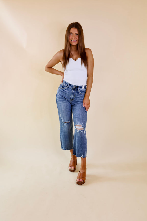 Judy Blue | Favorite Day Distressed Cropped Wide Leg Jeans in Medium Wash