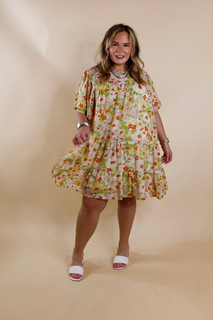 State of Bliss Ruffle Tiered Floral Dress in Lime Green and Orange - Giddy Up Glamour Boutique