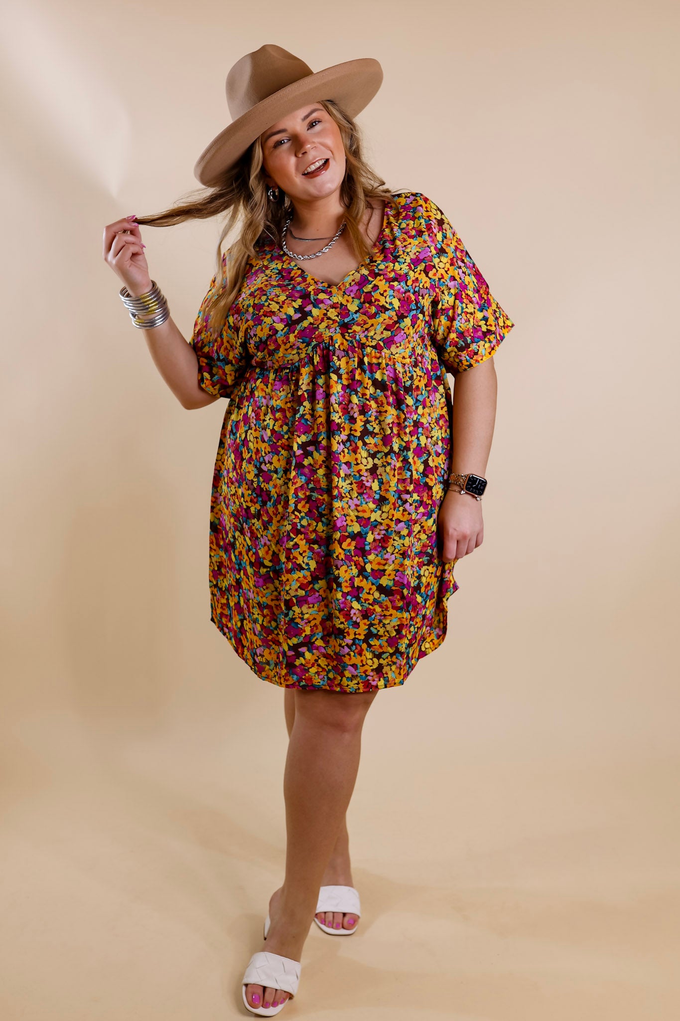 Fresh Blossoms Floral Print Babydoll Dress with V Neck in Brown - Giddy Up Glamour Boutique