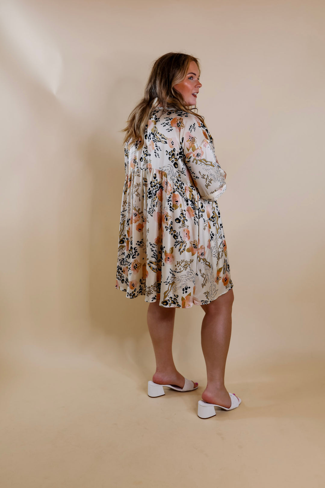Ready To Flaunt Button Up Mix Print Satin Babydoll Dress in Ivory - Giddy Up Glamour Boutique