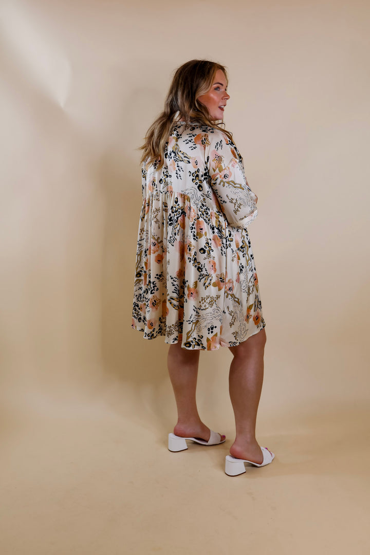 Ready To Flaunt Button Up Mix Print Satin Babydoll Dress in Ivory - Giddy Up Glamour Boutique