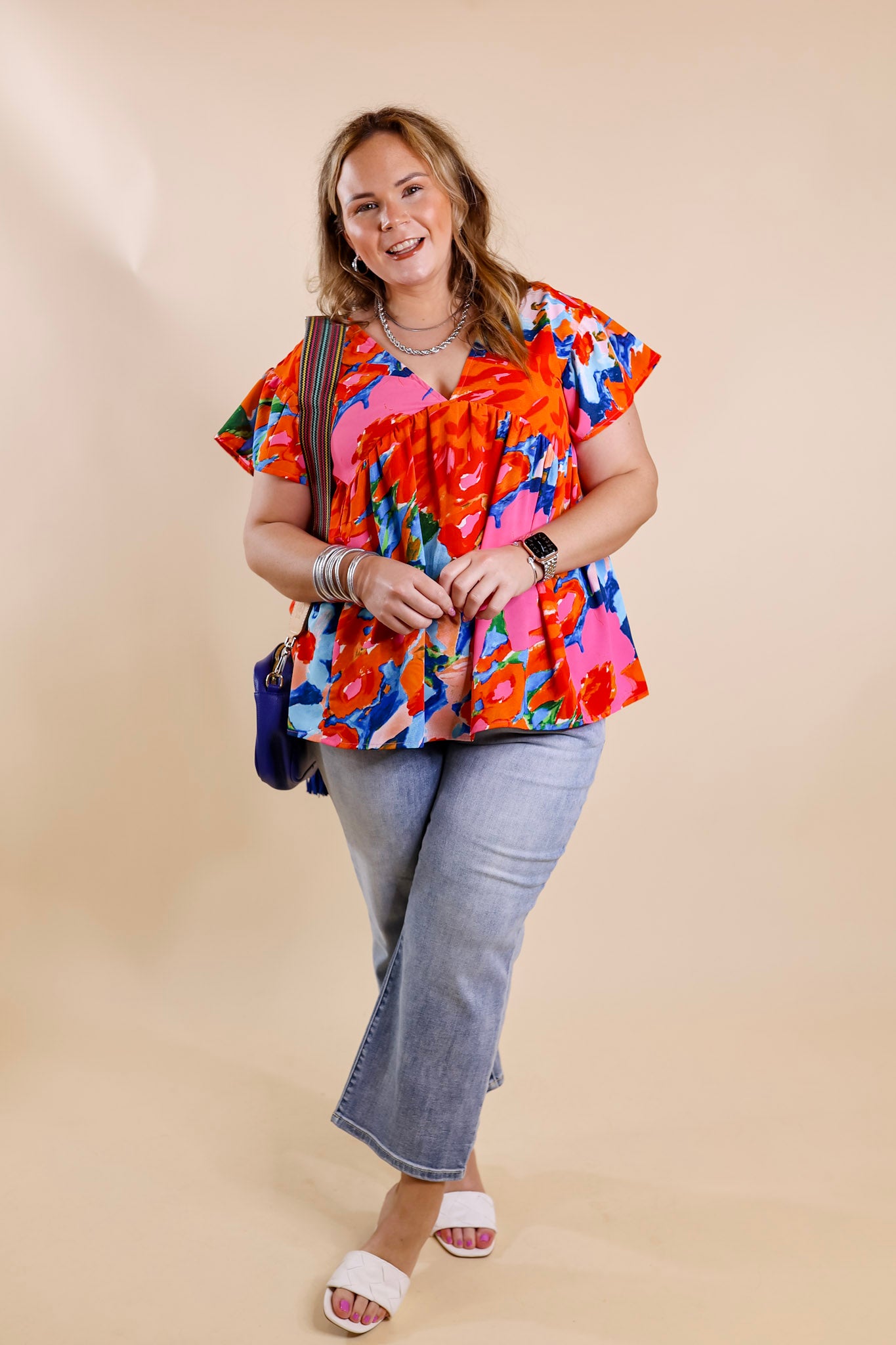You Had Me At Aloha Watercolor Floral Top with V Neckline in Orange Mix - Giddy Up Glamour Boutique