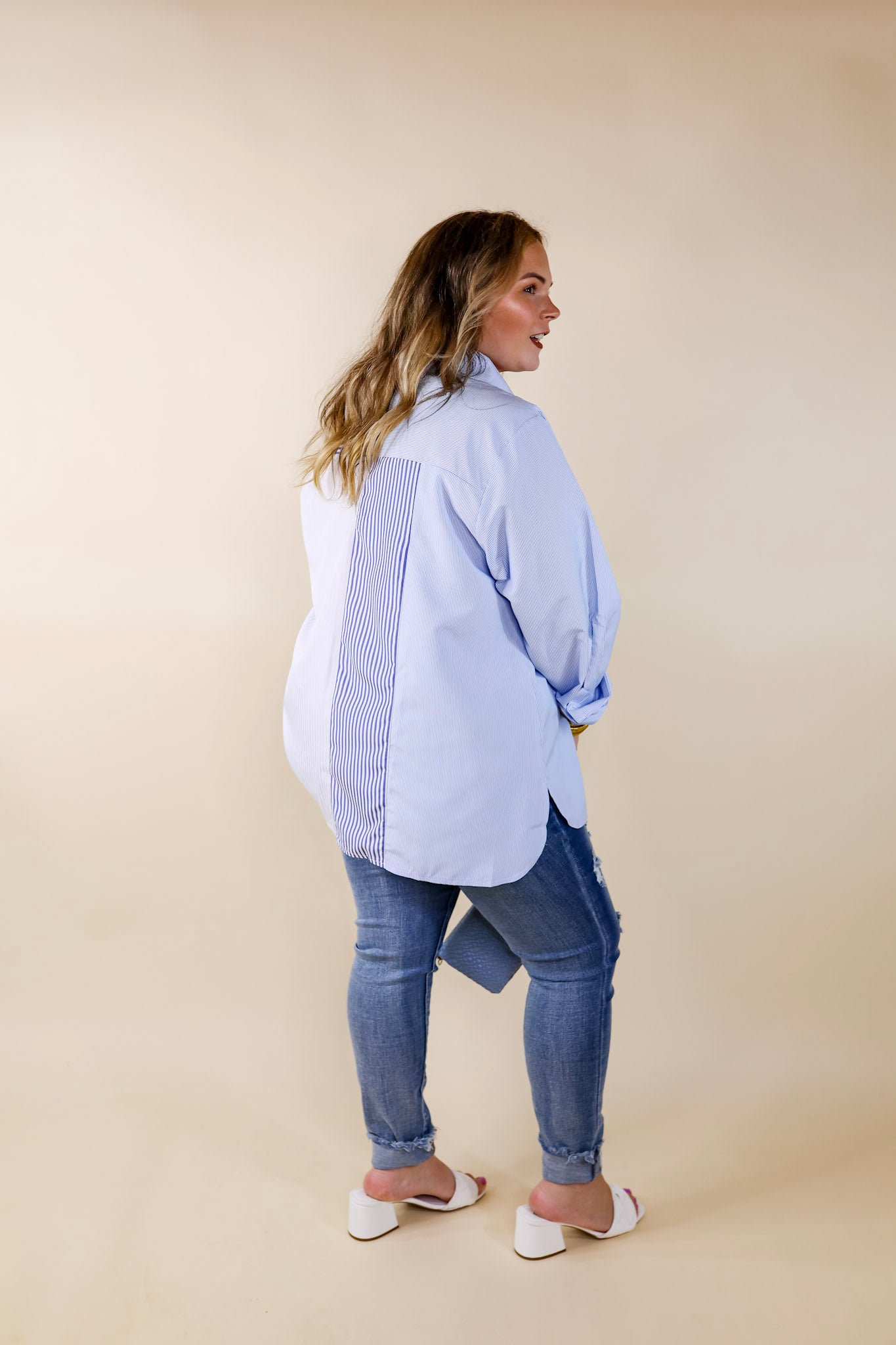 Back To You Pin Stripe Color Block Button Up Top in Blue and White