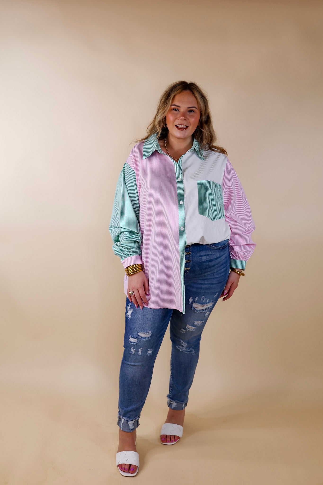 Picture This Pin Stripe Color Block Button Up Top in Pink and Green - Giddy Up Glamour Boutique