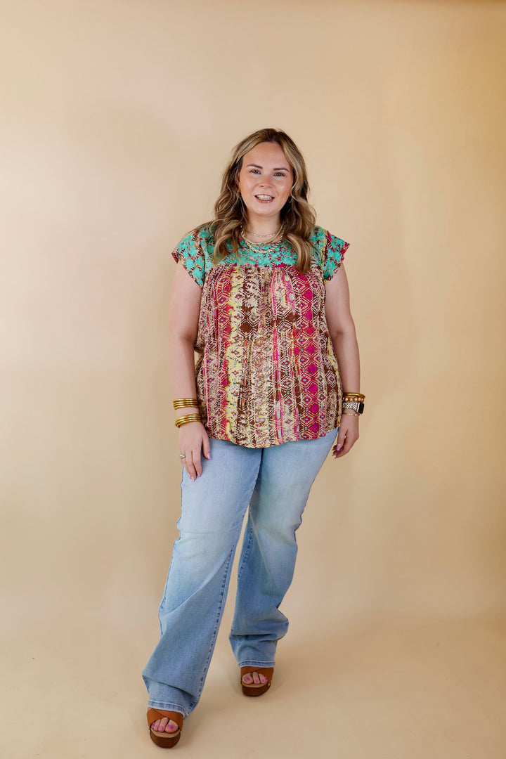 Festival Weather Turquoise Embroidered Tribal Print Top with Ruffle Cap Sleeves in Olive Green Mix - Giddy Up Glamour Boutique