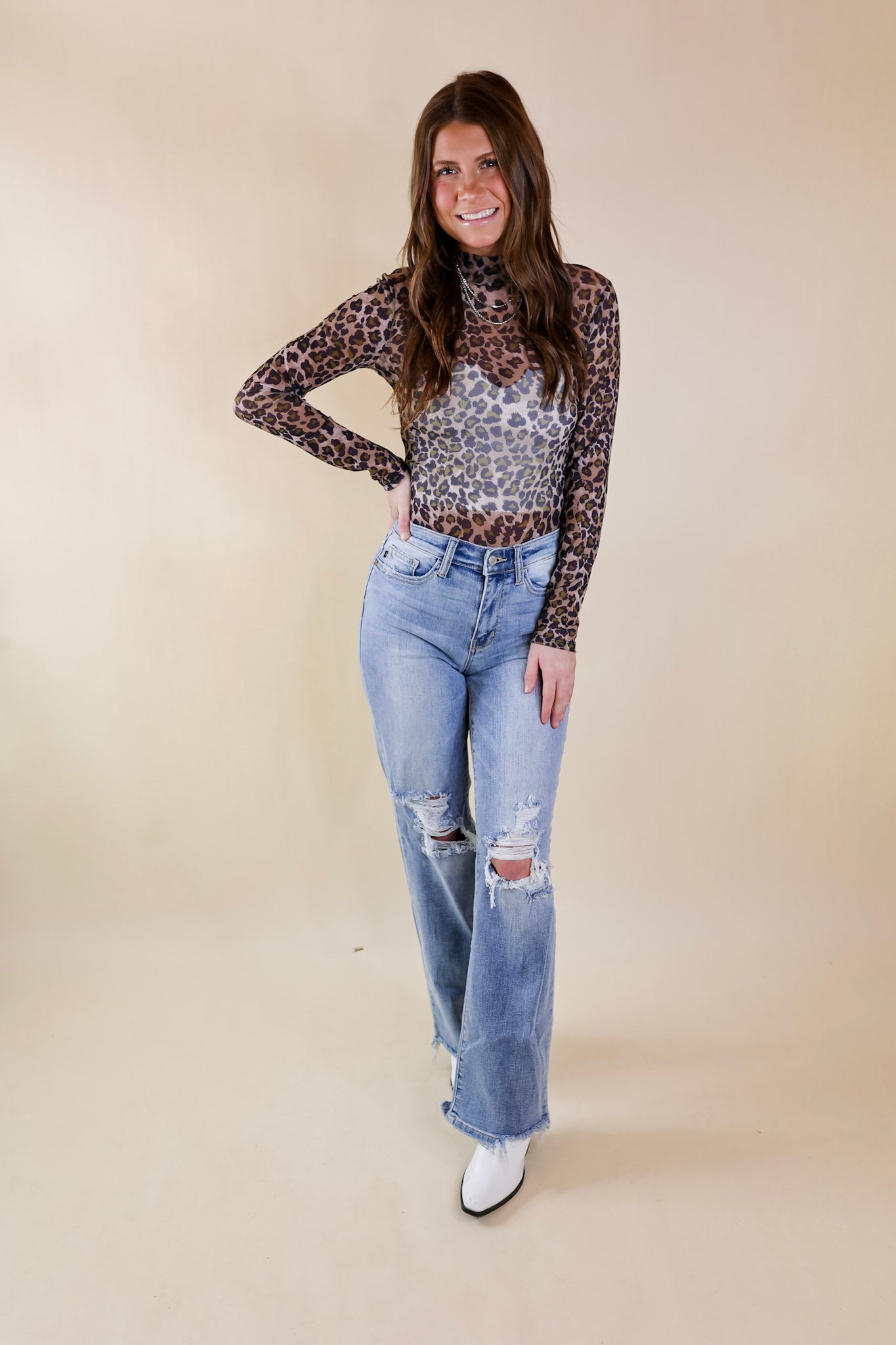 Try Your Luck Mesh Long Sleeve Bodysuit in Leopard Print - Giddy Up Glamour Boutique