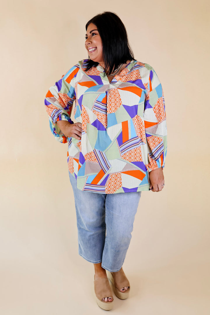 Eyes On Paradise Mix Patch Print Blouse with 3/4 Sleeves in Orange and Blue Mix - Giddy Up Glamour Boutique
