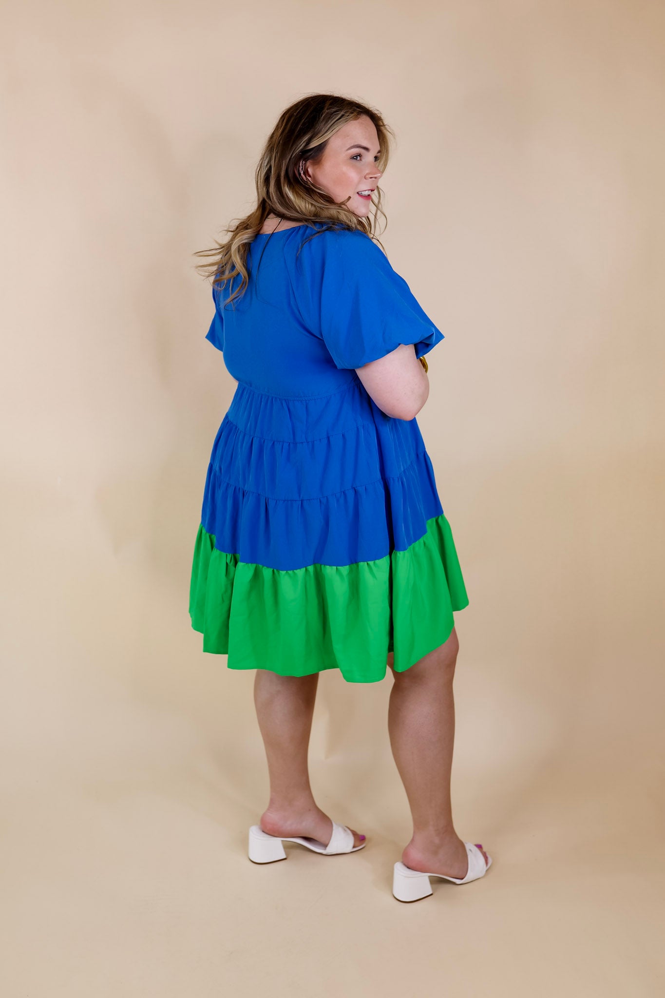 Trendy City Puff Sleeve Tiered Dress with Green Hemline in Blue - Giddy Up Glamour Boutique