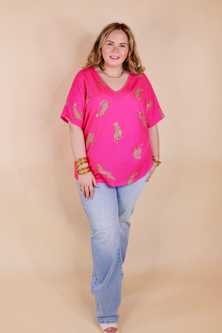 Wild Side Cheetah Print V Neck Top with Short Sleeves in Hot Pink - Giddy Up Glamour Boutique