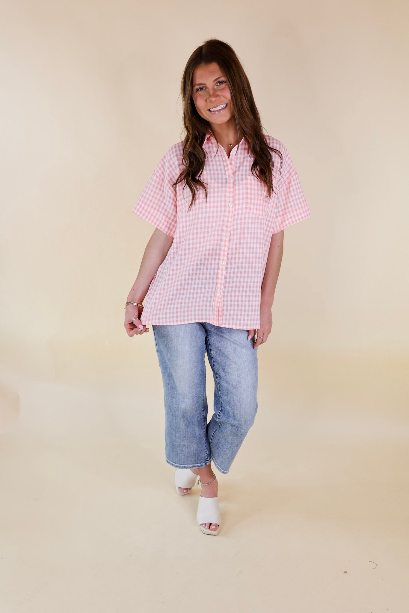 What A Rush Button Up Gingham Short Sleeve Top in Light Pink - Giddy Up Glamour Boutique