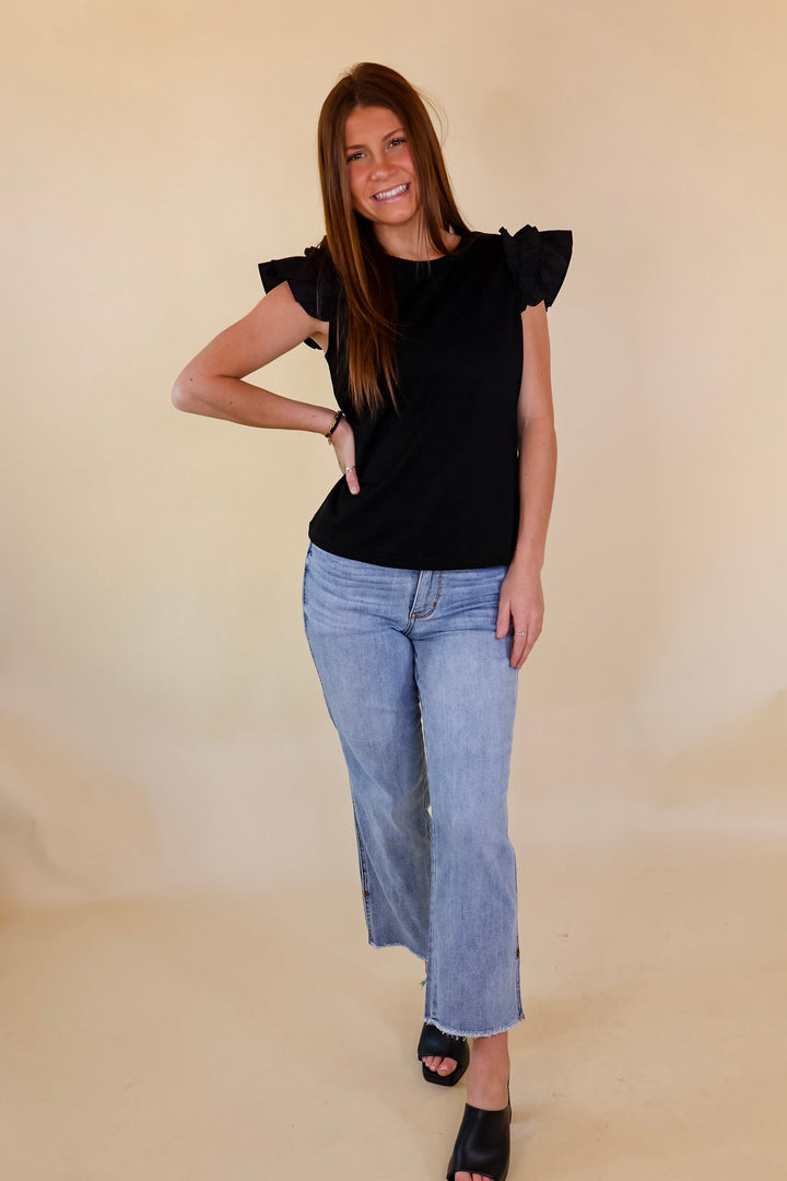 Born To Be Stylish Solid Top with Ruffle Cap Sleeves in Black - Giddy Up Glamour Boutique
