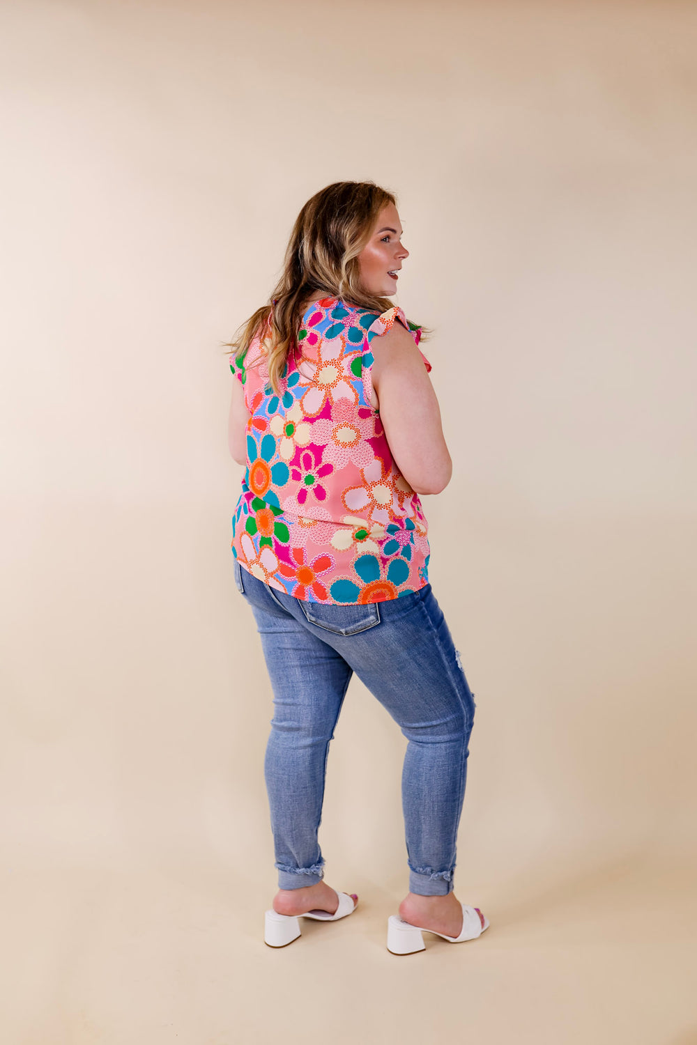 Timeless Treasure Floral Print Top with Ruffle Cap Sleeves and Turquoise Embroidery in Coral Pink - Giddy Up Glamour Boutique