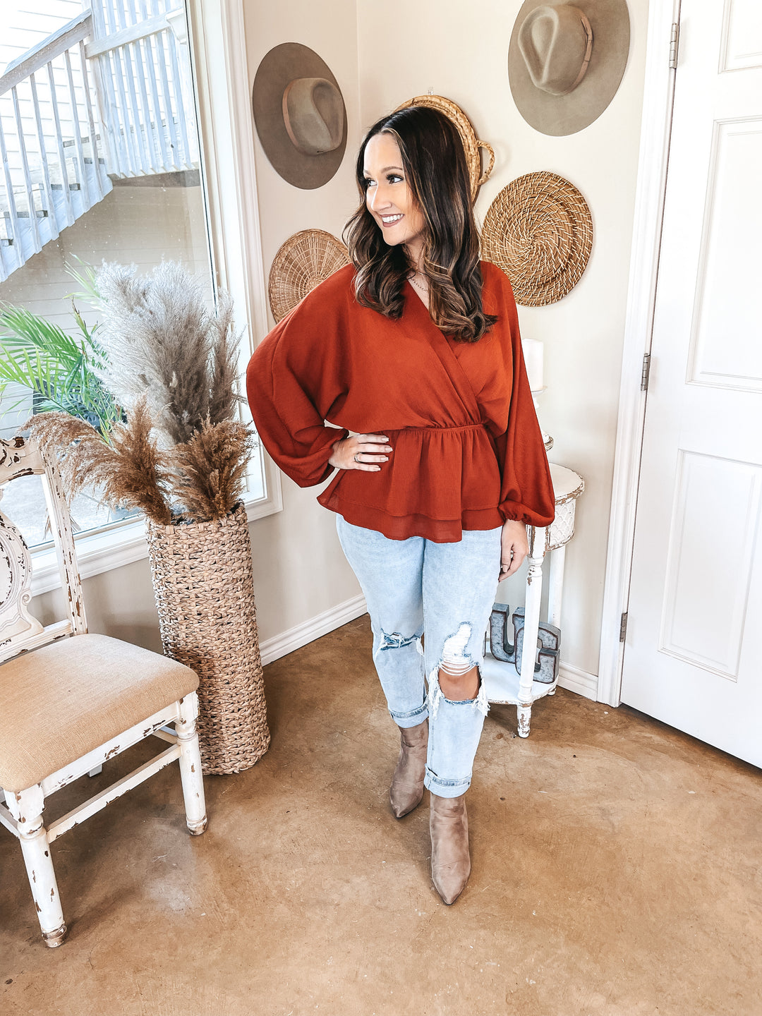 Move to the Music Long Sleeve Deep V Peplum Top in Rust Red - Giddy Up Glamour Boutique