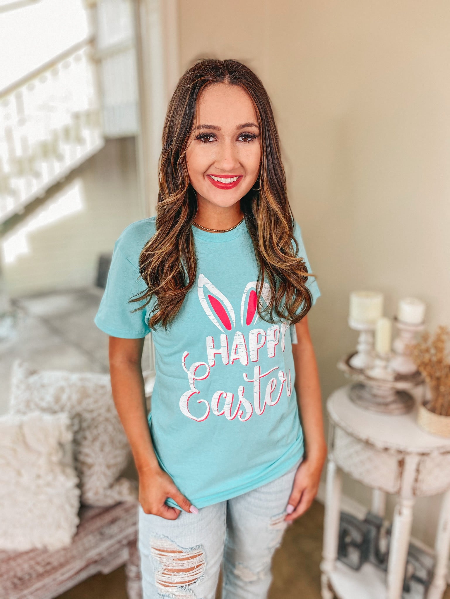 Happy Easter Bunny Ears Graphic Tee in Neon Mint - Giddy Up Glamour Boutique