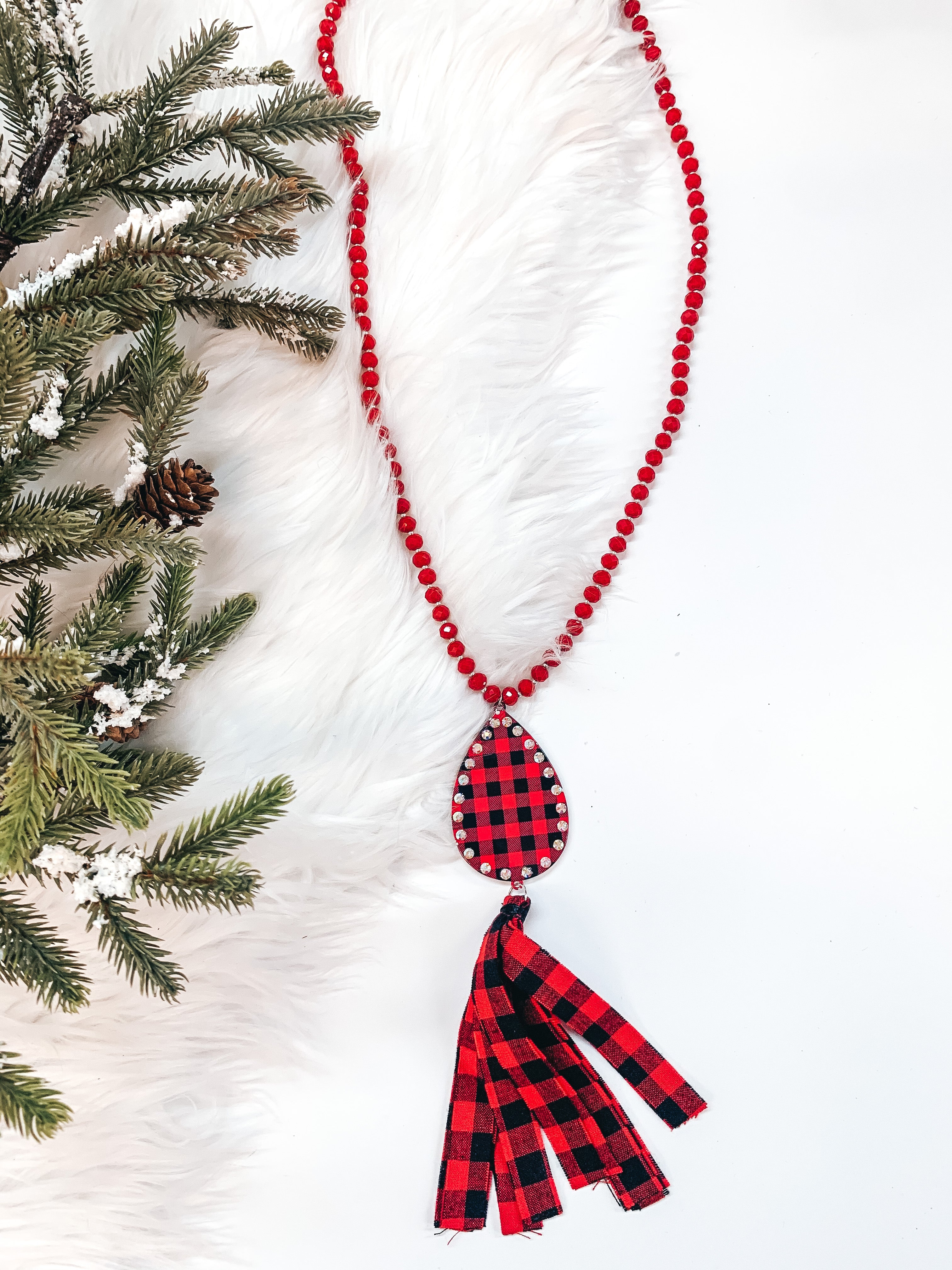 Crystal Beaded Necklace with Buffalo Plaid Teardrop Pendant and Tassel in Red - Giddy Up Glamour Boutique
