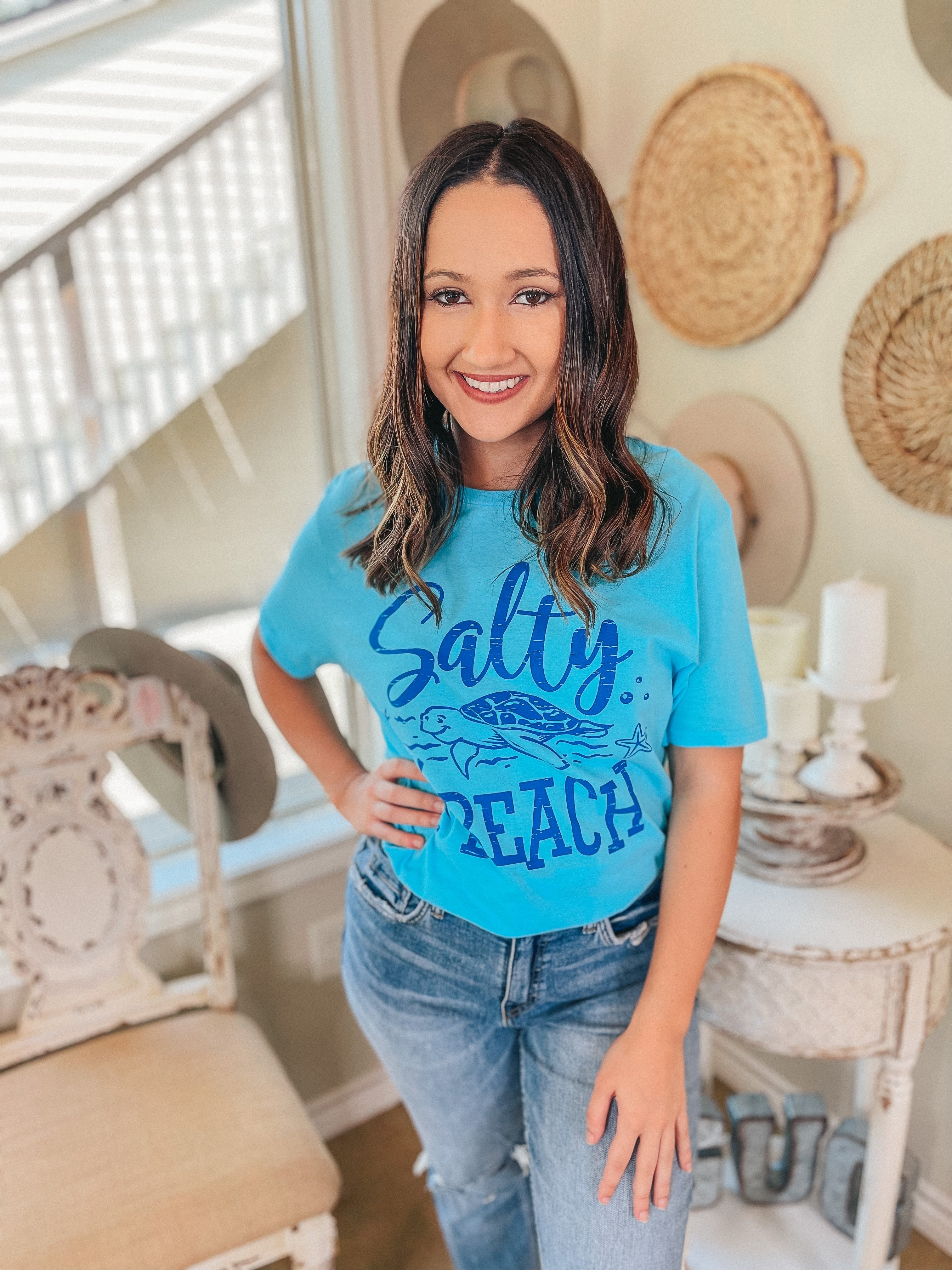 Last Chance Size Small & Medium | Salty Lil' Beach Short Sleeve Graphic Tee in Aqua Blue - Giddy Up Glamour Boutique