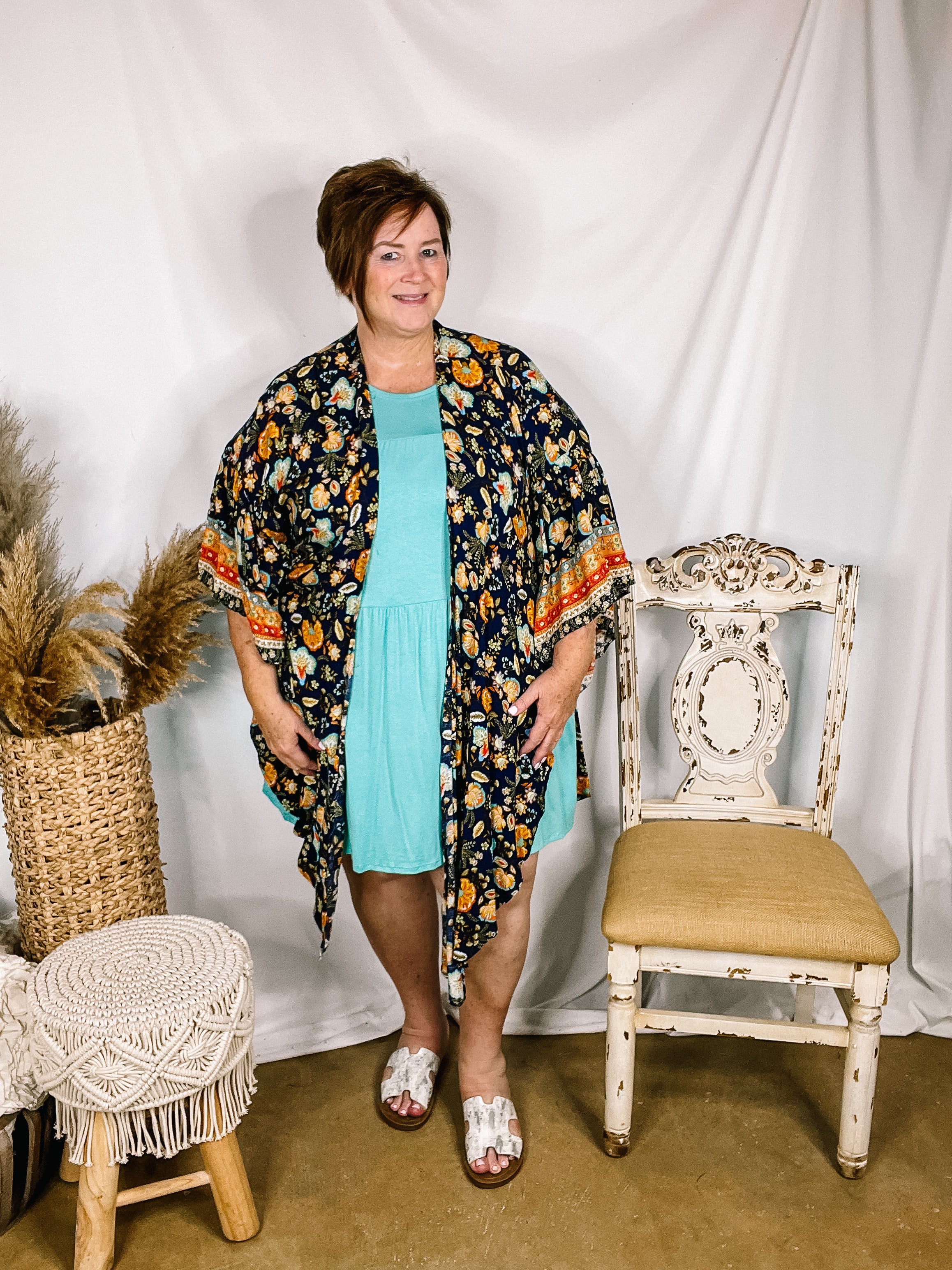 Hard To Leave Side Slit Floral Kimono in Navy Blue - Giddy Up Glamour Boutique