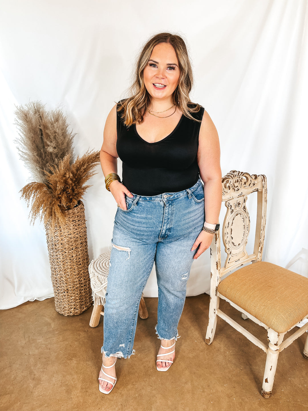 Perfect Night V Neck Tank Bodysuit in Black - Giddy Up Glamour Boutique