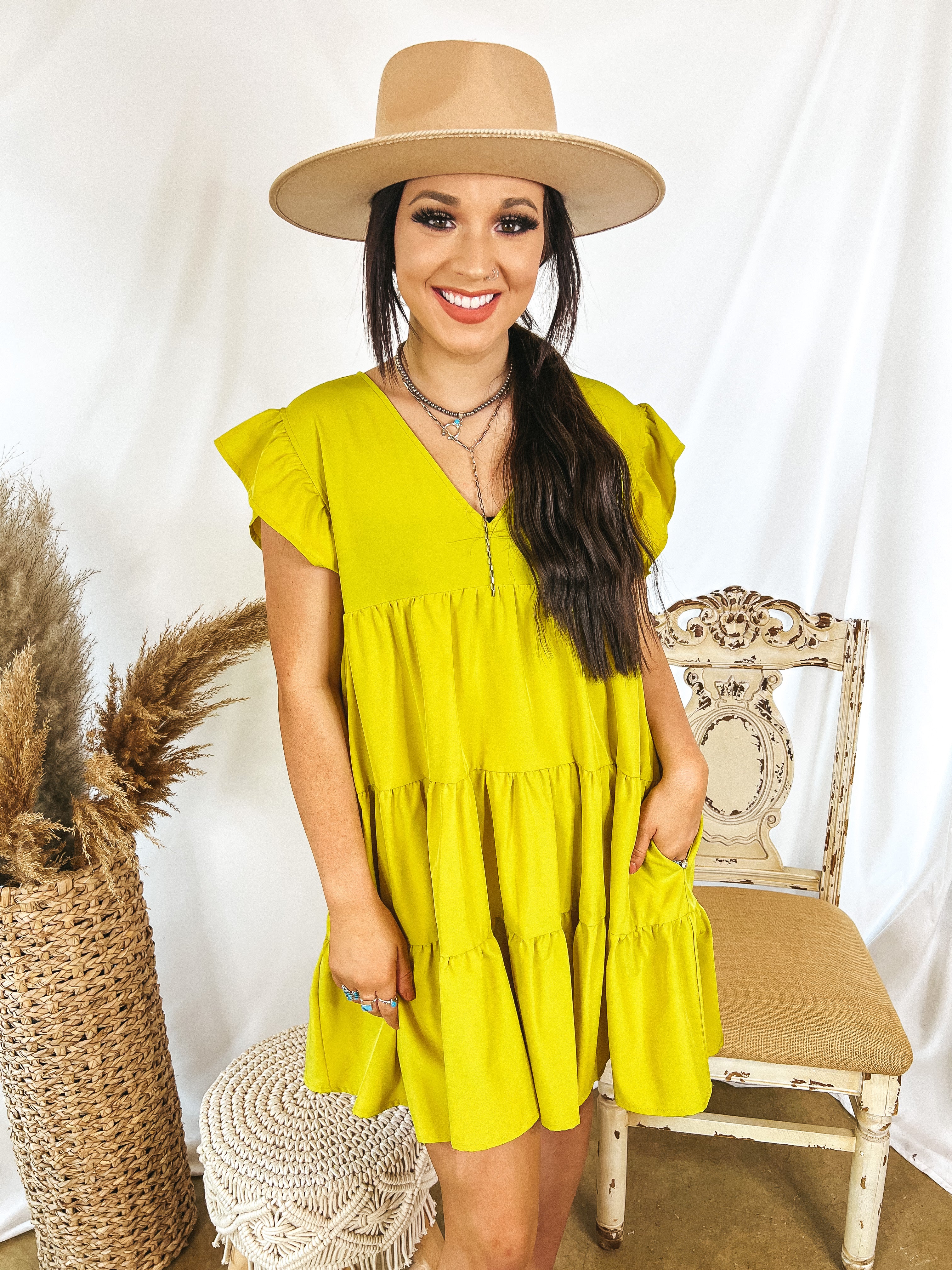 Delightful Endeavor Ruffle Cap Sleeve Tiered Dress in Chartreuse - Giddy Up Glamour Boutique