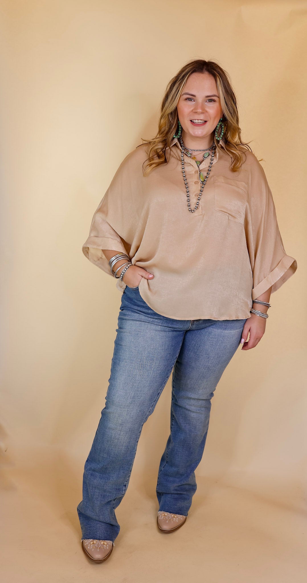 Sweet Surprise Half Button Up Poncho Top with Collared Neckline in Champagne - Giddy Up Glamour Boutique