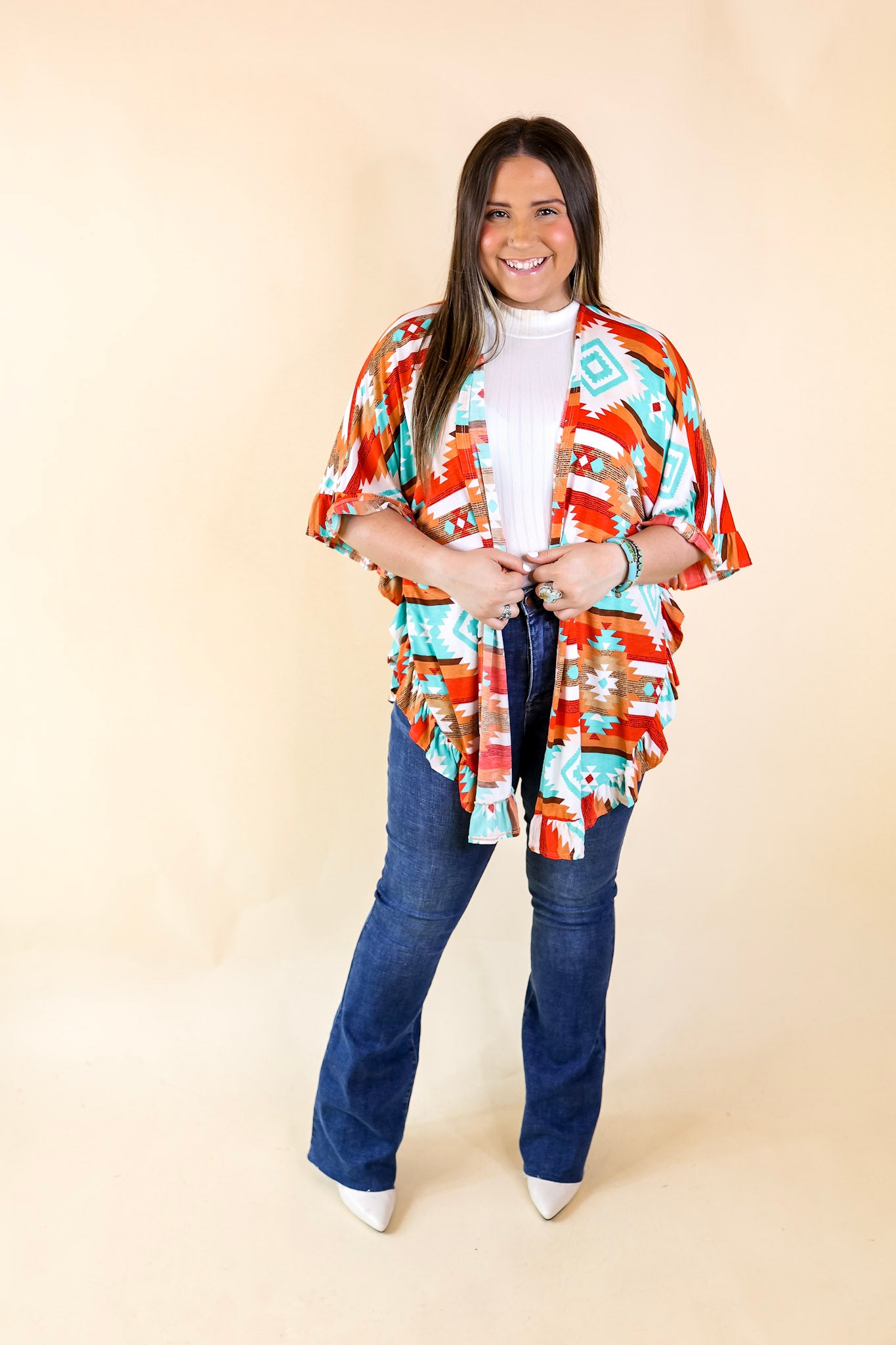 California Casa Aztec Print Kimono with Ruffle Trim in Red and Turquoise - Giddy Up Glamour Boutique