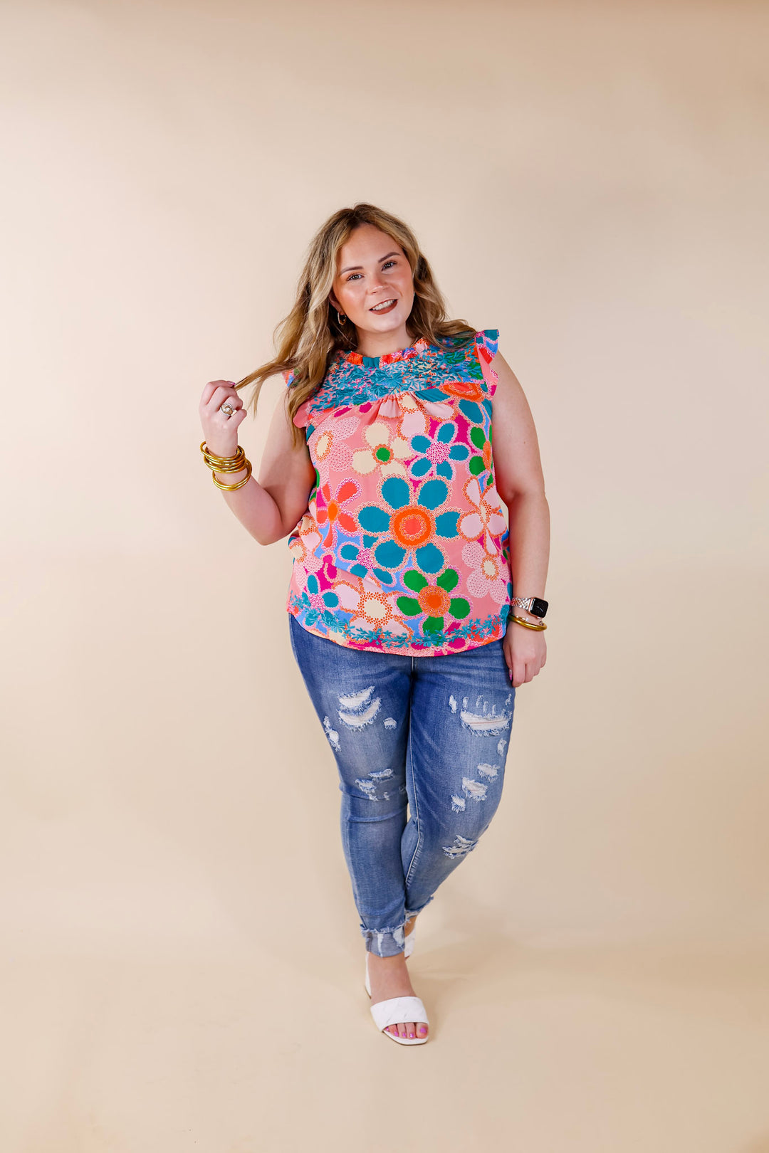 Timeless Treasure Floral Print Top with Ruffle Cap Sleeves and Turquoise Embroidery in Coral Pink - Giddy Up Glamour Boutique