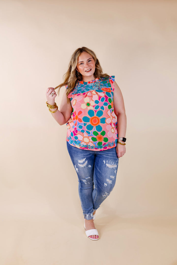 Timeless Treasure Floral Print Top with Ruffle Cap Sleeves and Turquoise Embroidery in Coral Pink - Giddy Up Glamour Boutique