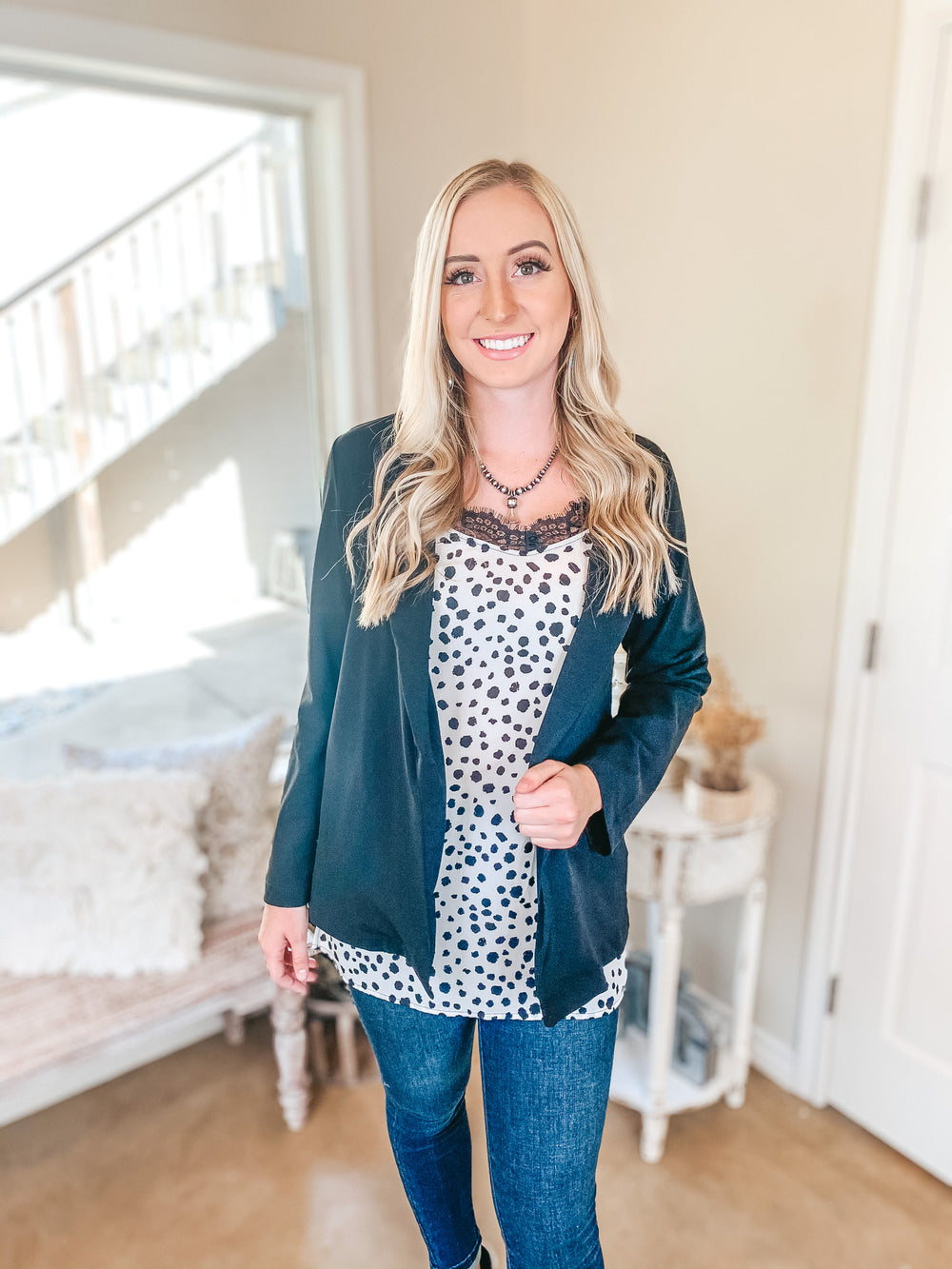 Legally Blonde 3/4 Sleeve Open Front Collared Blazer in Black - Giddy Up Glamour Boutique