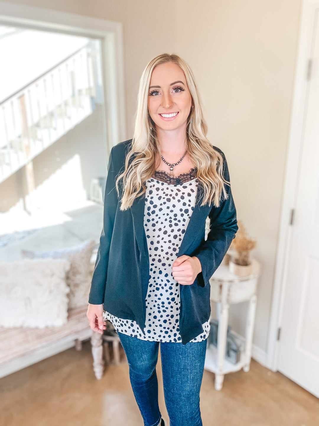 Legally Blonde 3/4 Sleeve Open Front Collared Blazer in Black - Giddy Up Glamour Boutique