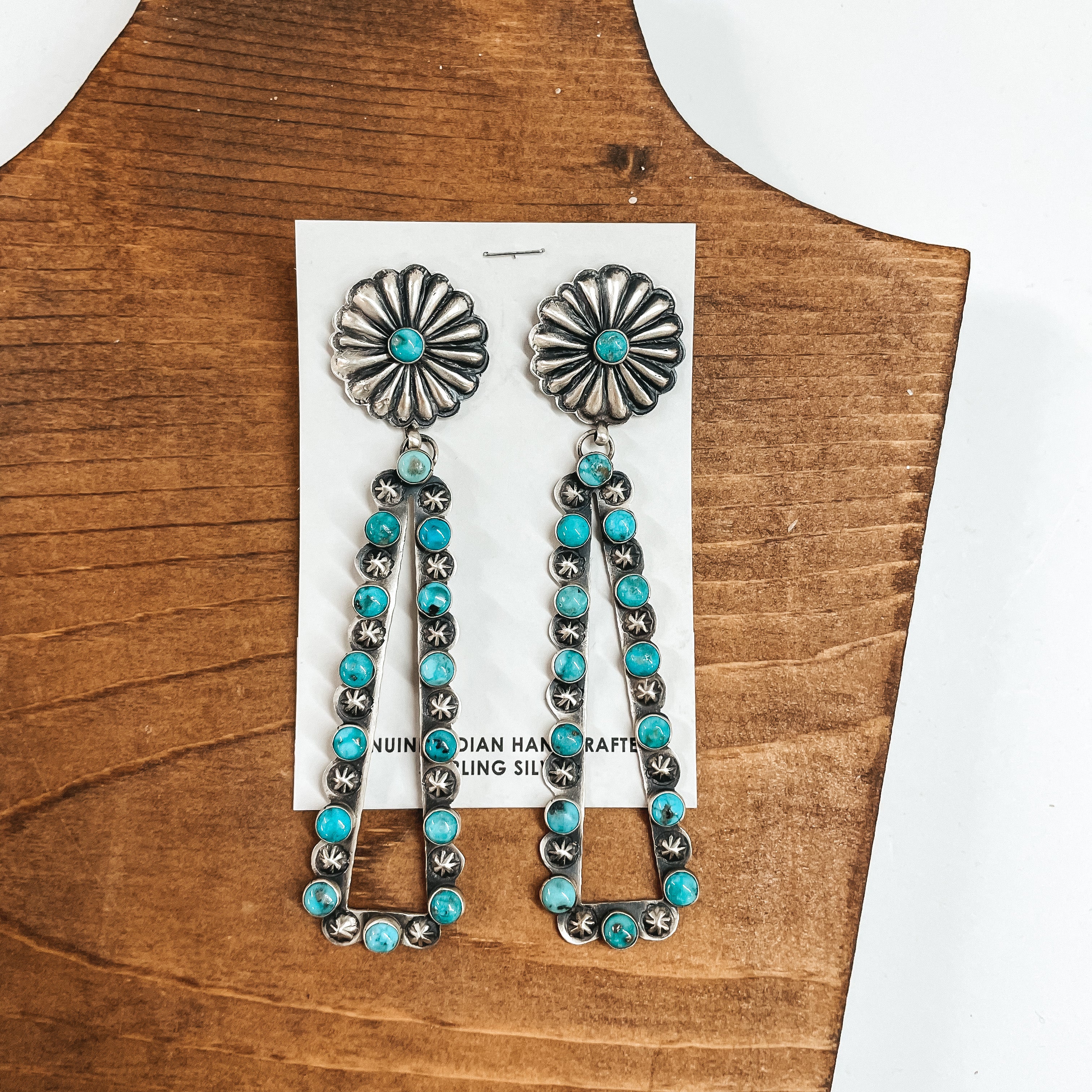 Eugene Charley | Navajo Handmade Sterling Silver Concho Post Earrings with Teardrop Outline Dangle with Turquoise Stones - Giddy Up Glamour Boutique