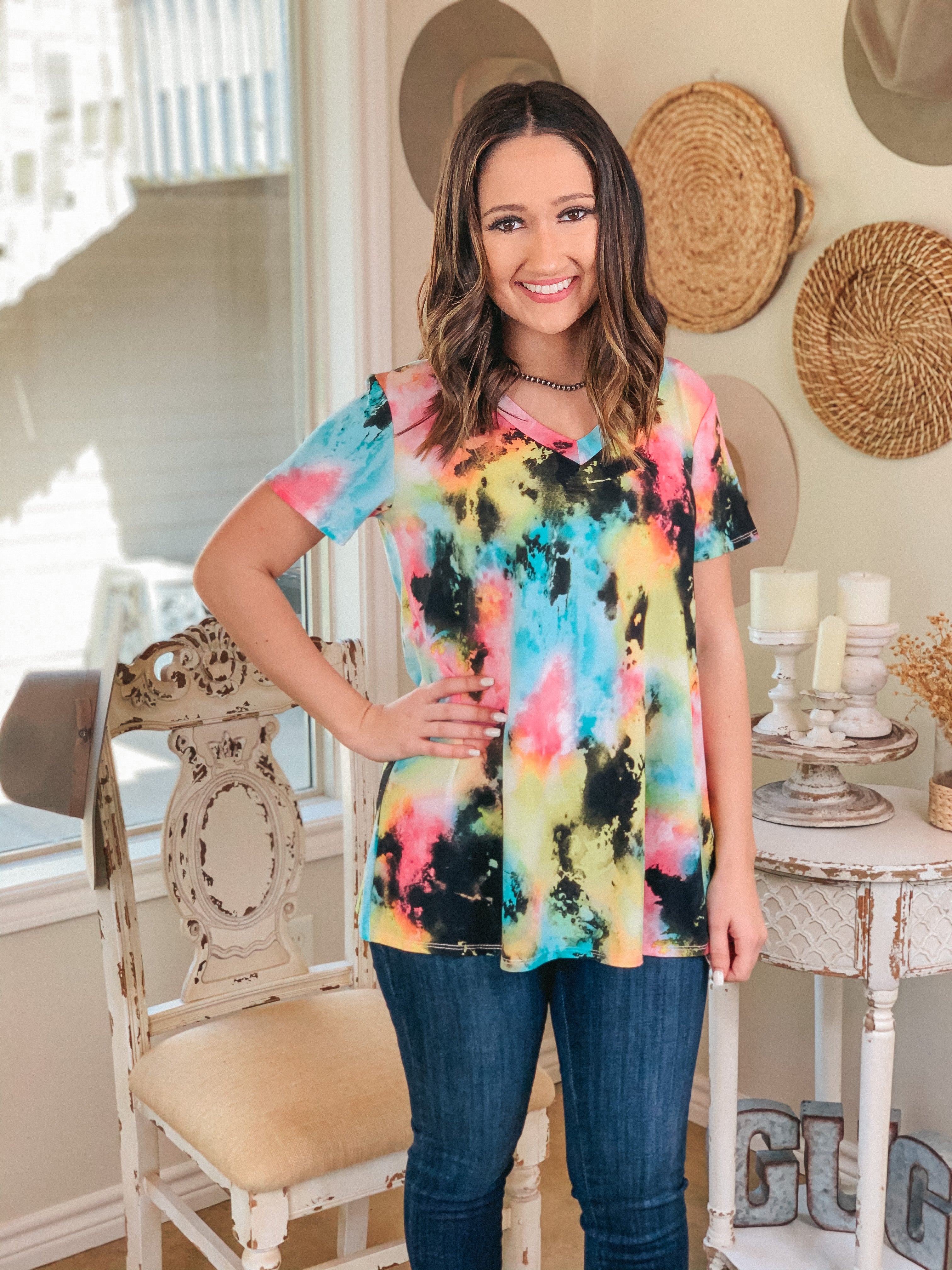 Last Chance Size Small | Keep Things Simple Tie Dye V Neck Tee in Black Multi - Giddy Up Glamour Boutique