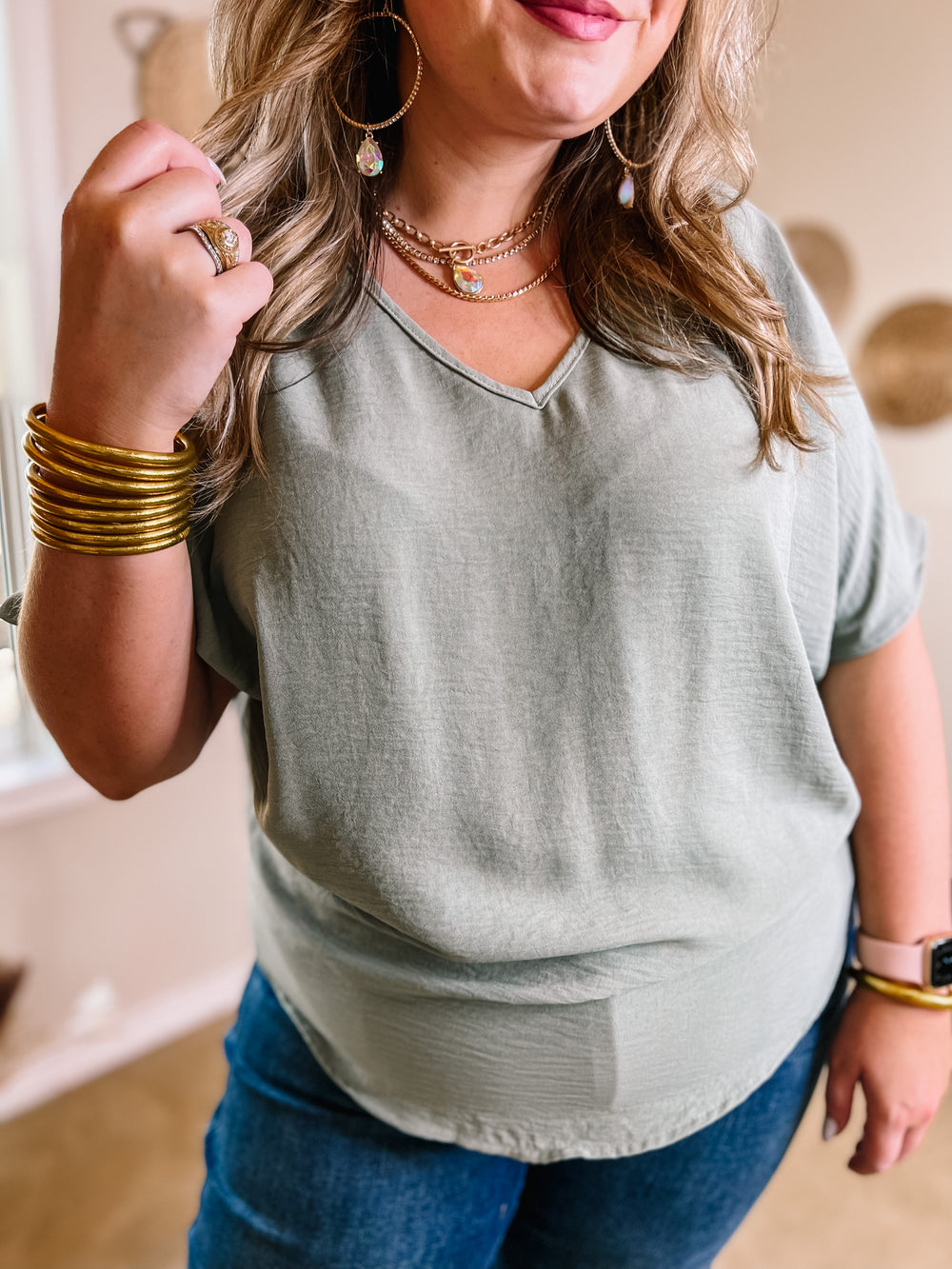 Lovely Dear V Neck Short Sleeve Solid Top in Sage Green - Giddy Up Glamour Boutique