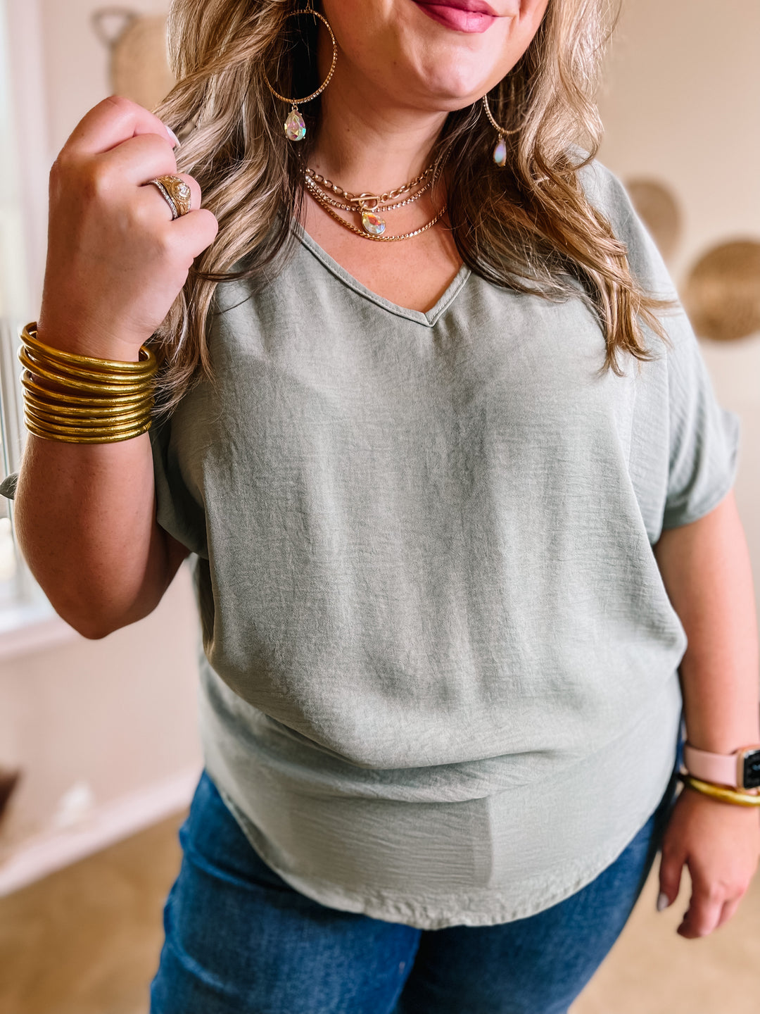 Lovely Dear V Neck Short Sleeve Solid Top in Sage Green - Giddy Up Glamour Boutique