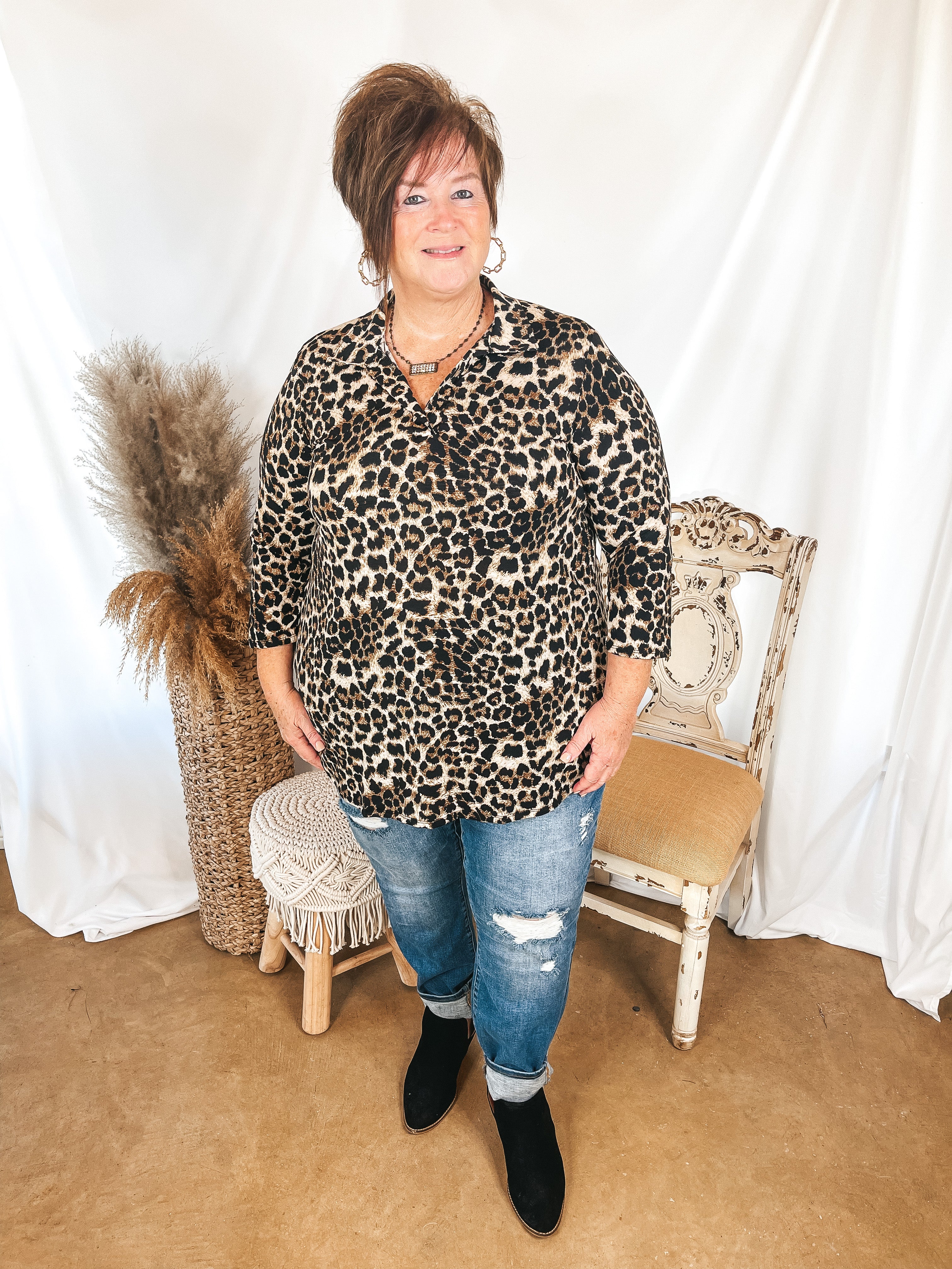Last Chance Size S, M, & 3XL | Scenic Route Collared Tunic Top in Leopard - Giddy Up Glamour Boutique