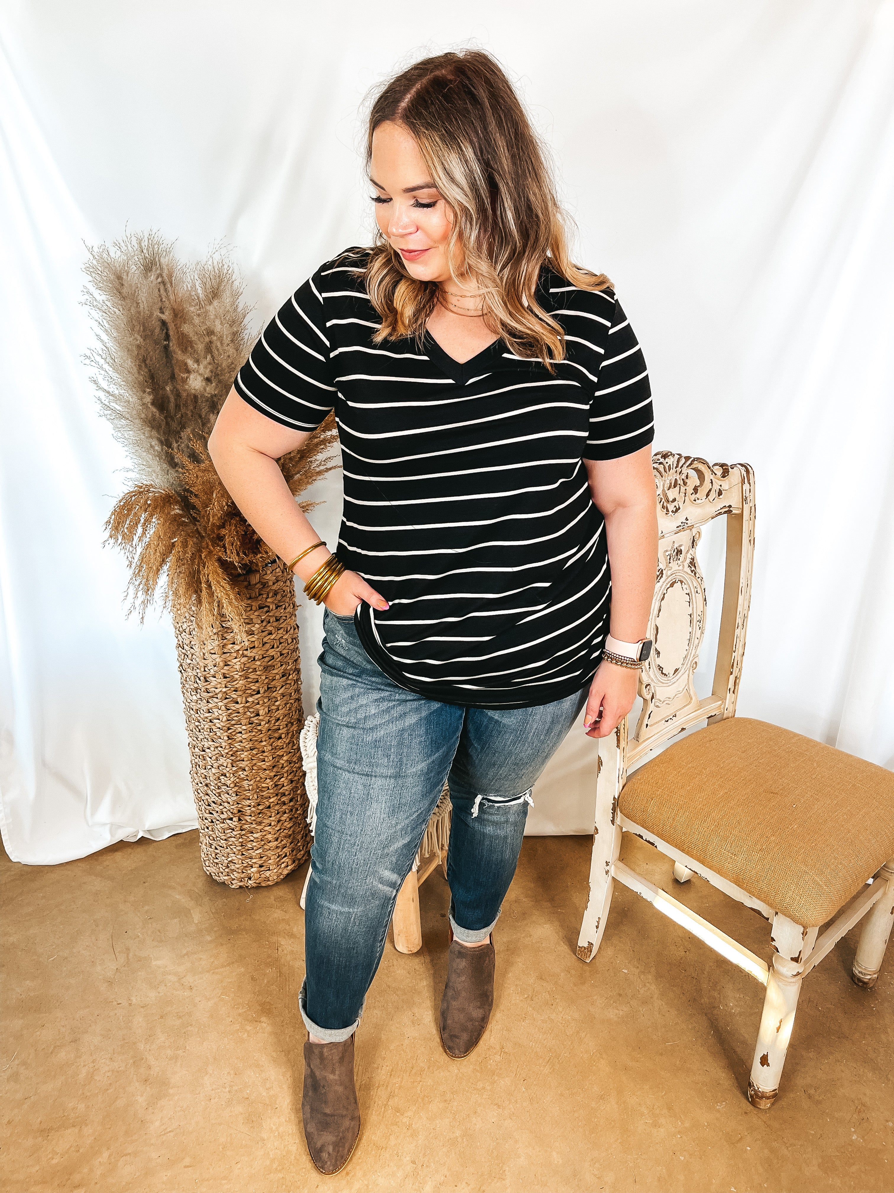 Keep Things Casual Striped V Neck Tee in Black - Giddy Up Glamour Boutique