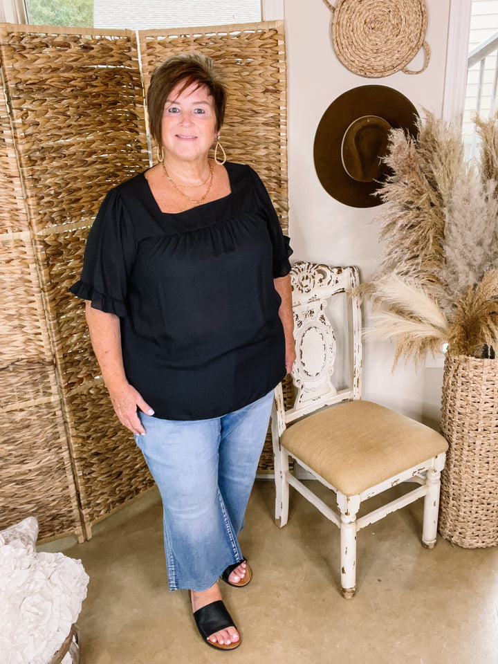 New Best Friend Square Neck Ruffle Short Sleeve Top in Black - Giddy Up Glamour Boutique