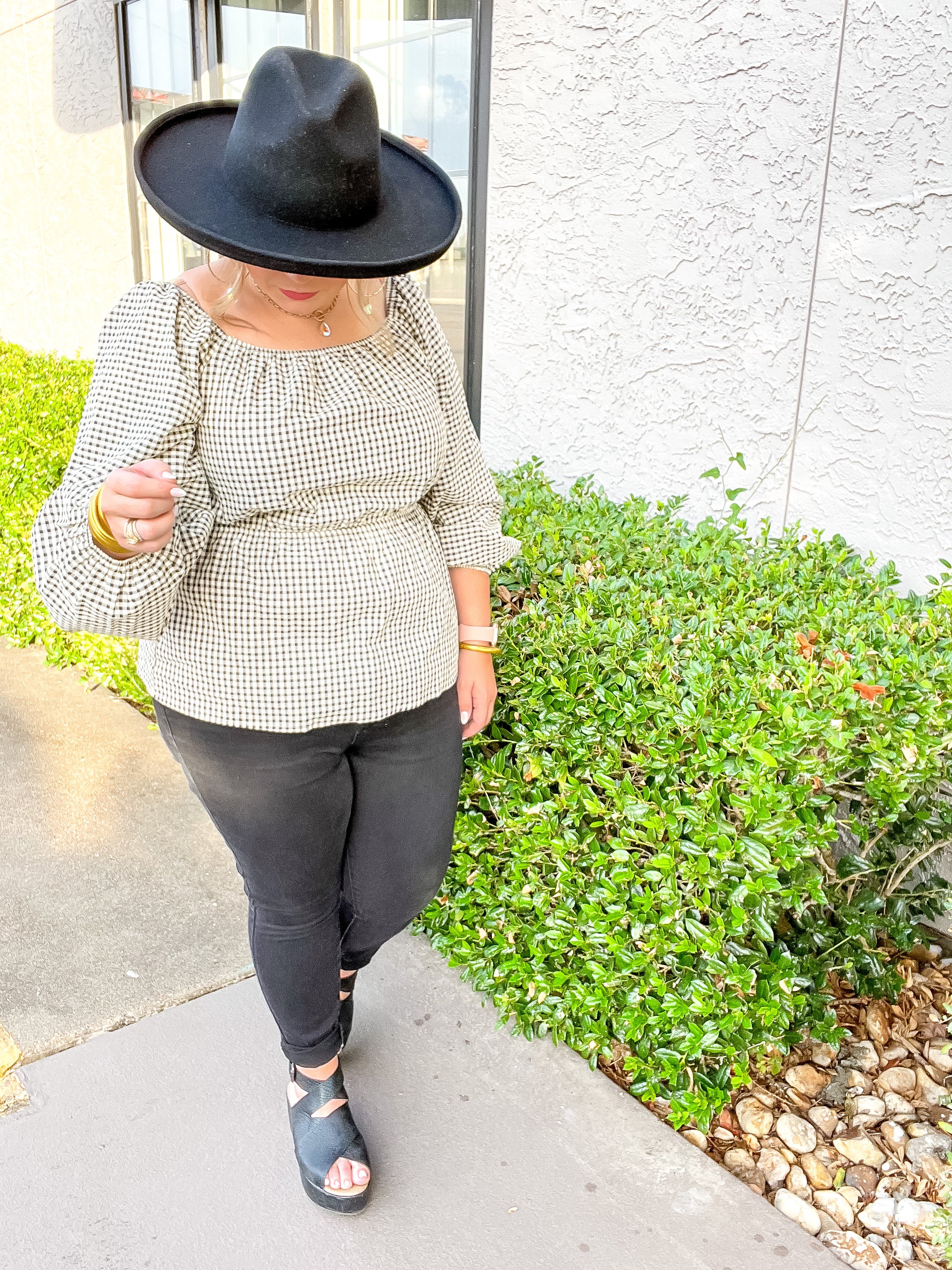 Autumn Sweetness Gingham Peplum Top with Long Sleeves in Black and Ivory - Giddy Up Glamour Boutique