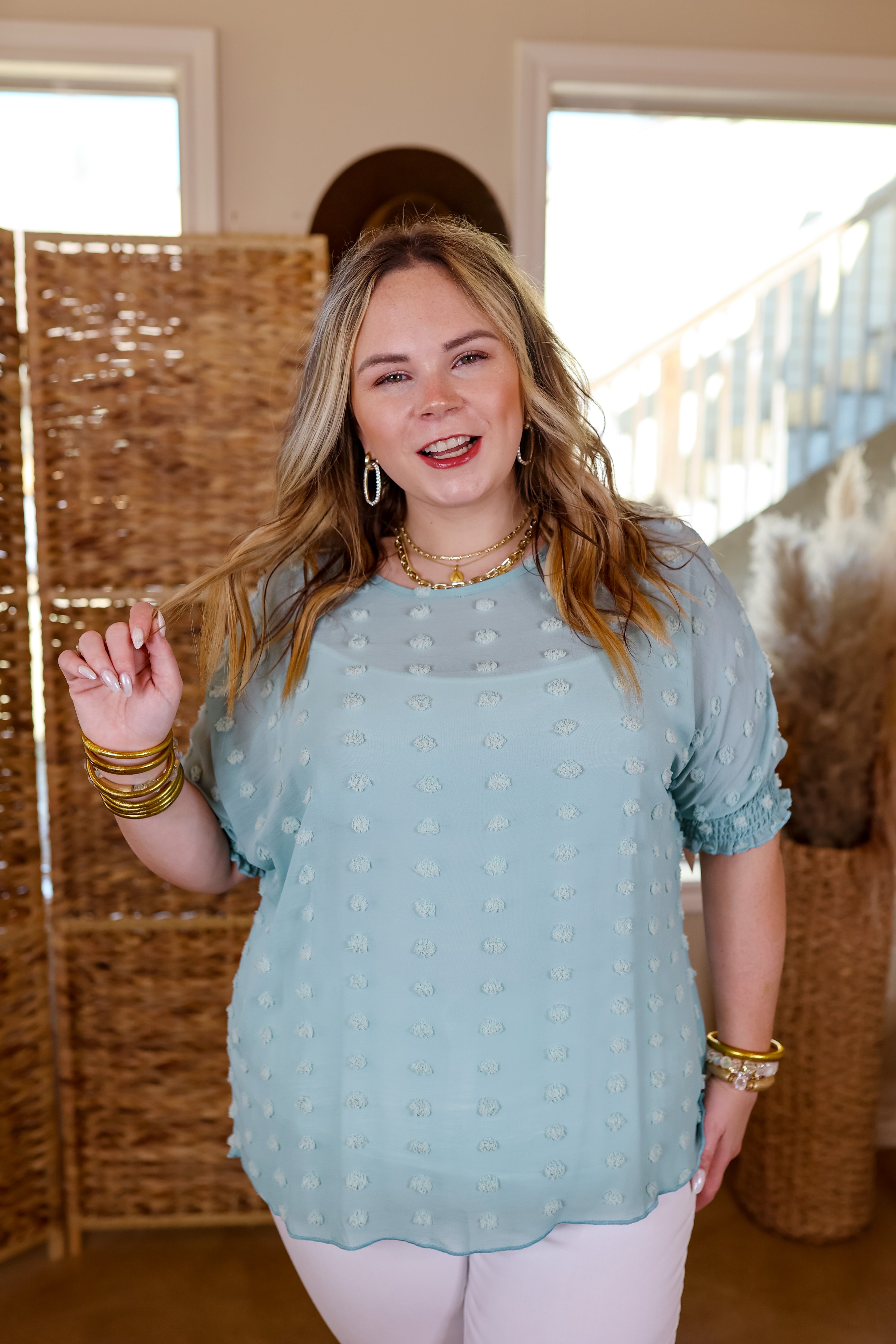 Changemaker Swiss Dot Top with Half Sleeves in Baby Blue - Giddy Up Glamour Boutique