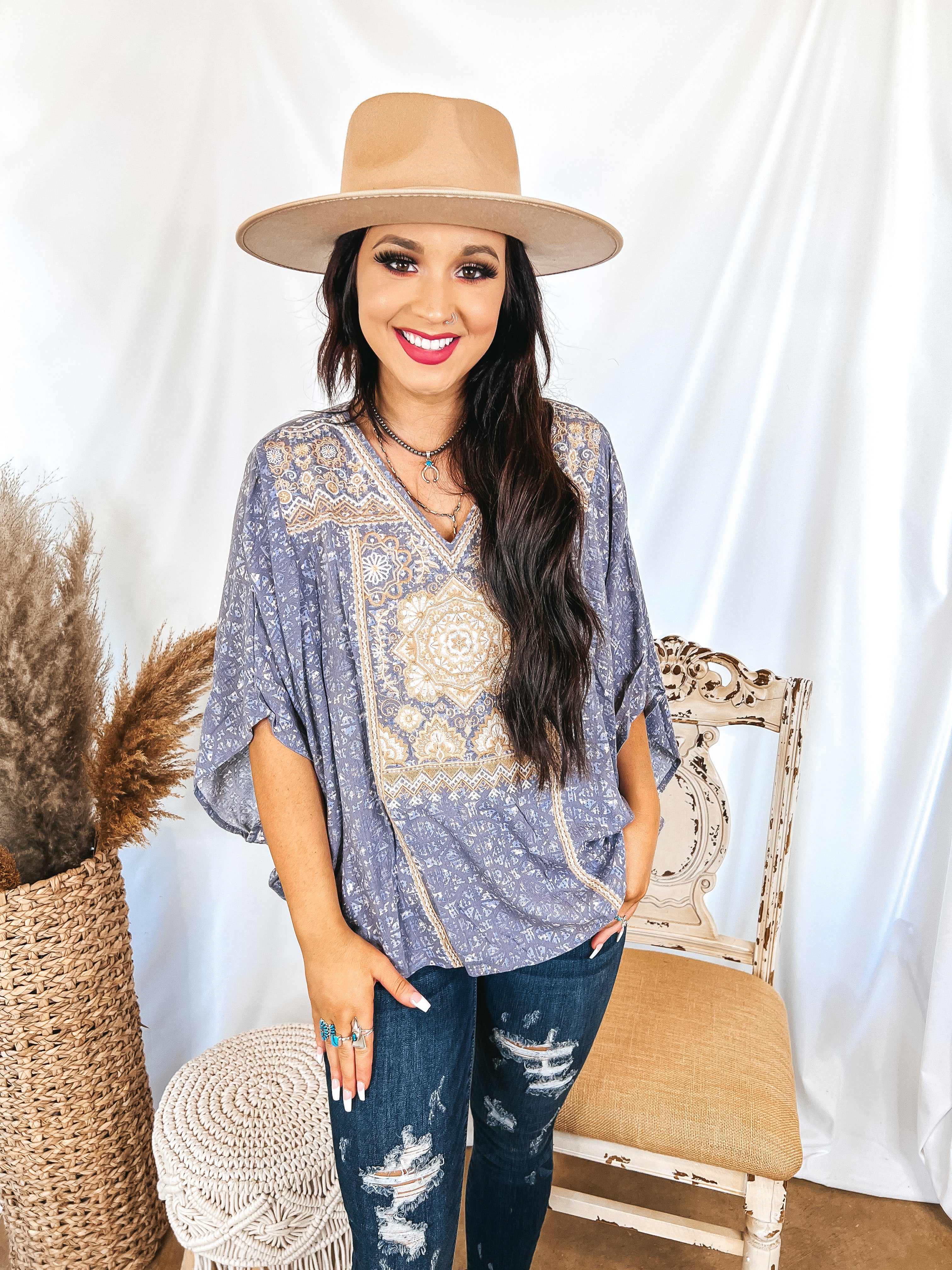 Last Chance Size Small | Moonlit Walk Beige Embroidered Drop Sleeve Top in Dusty Blue (Oversized) - Giddy Up Glamour Boutique
