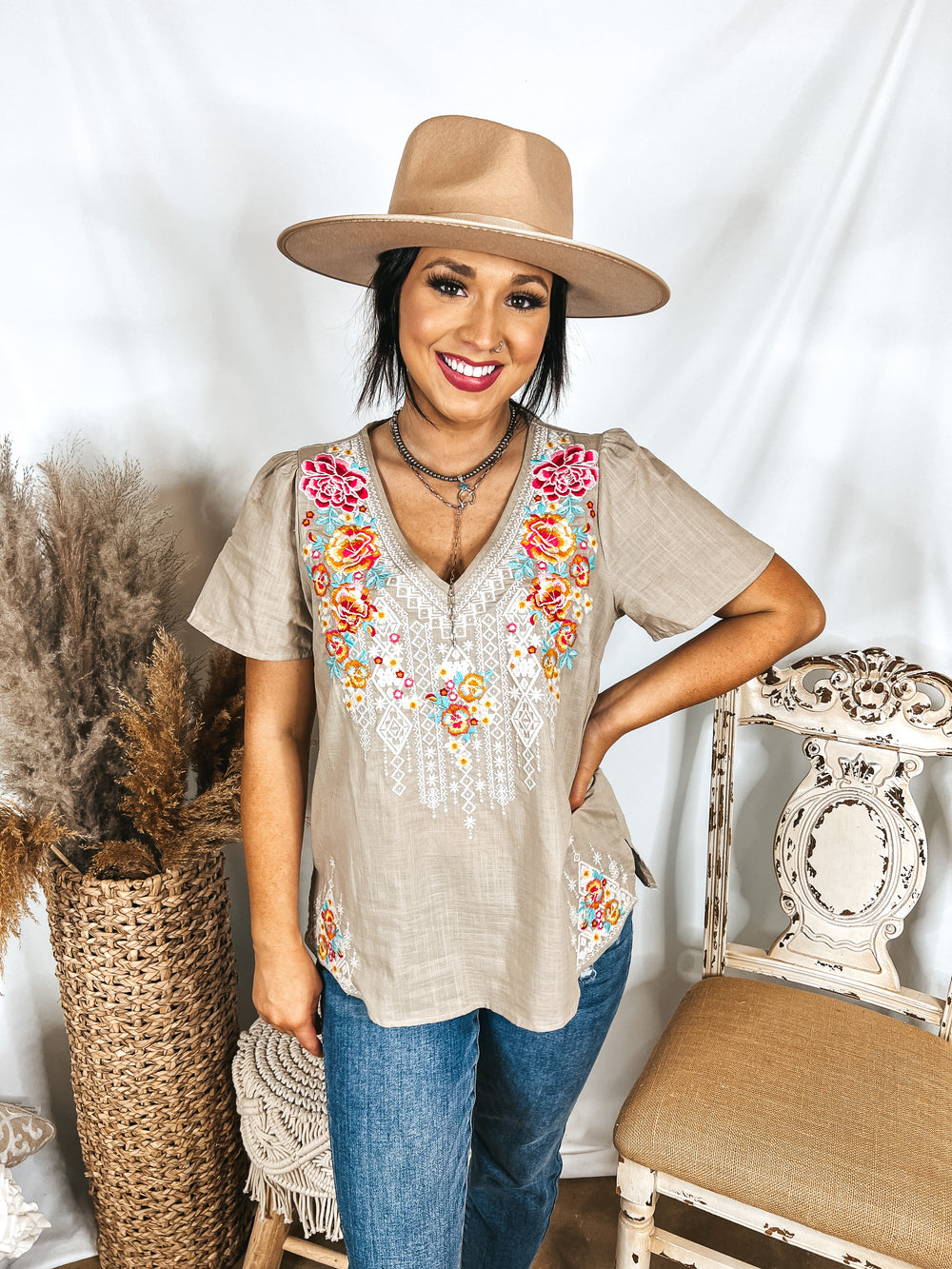 Telling The Truth V Neck Embroidered Top in Biege - Giddy Up Glamour Boutique
