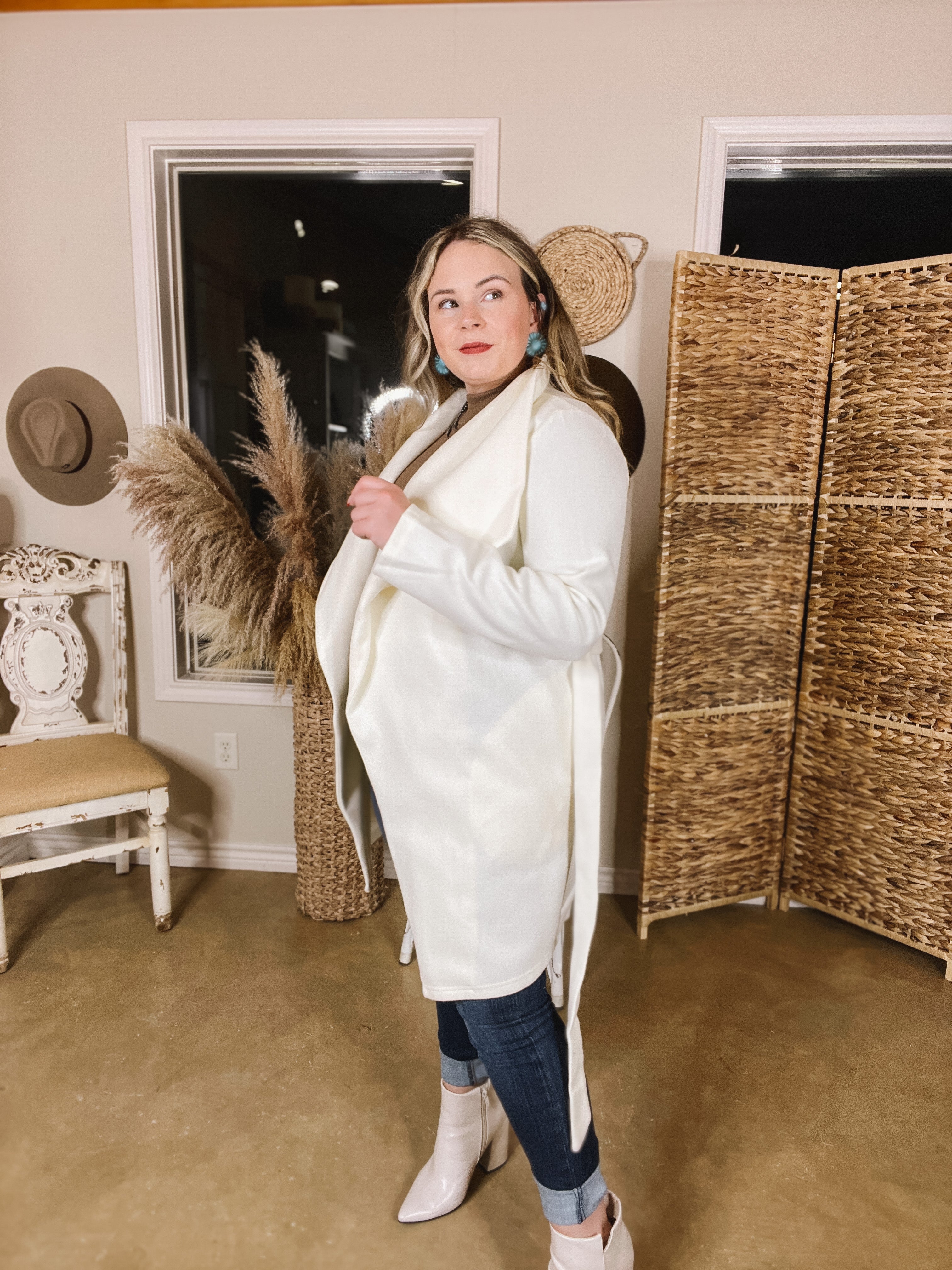 NYC Dreamer Open Front Jacket with Waist Tie in Off White - Giddy Up Glamour Boutique