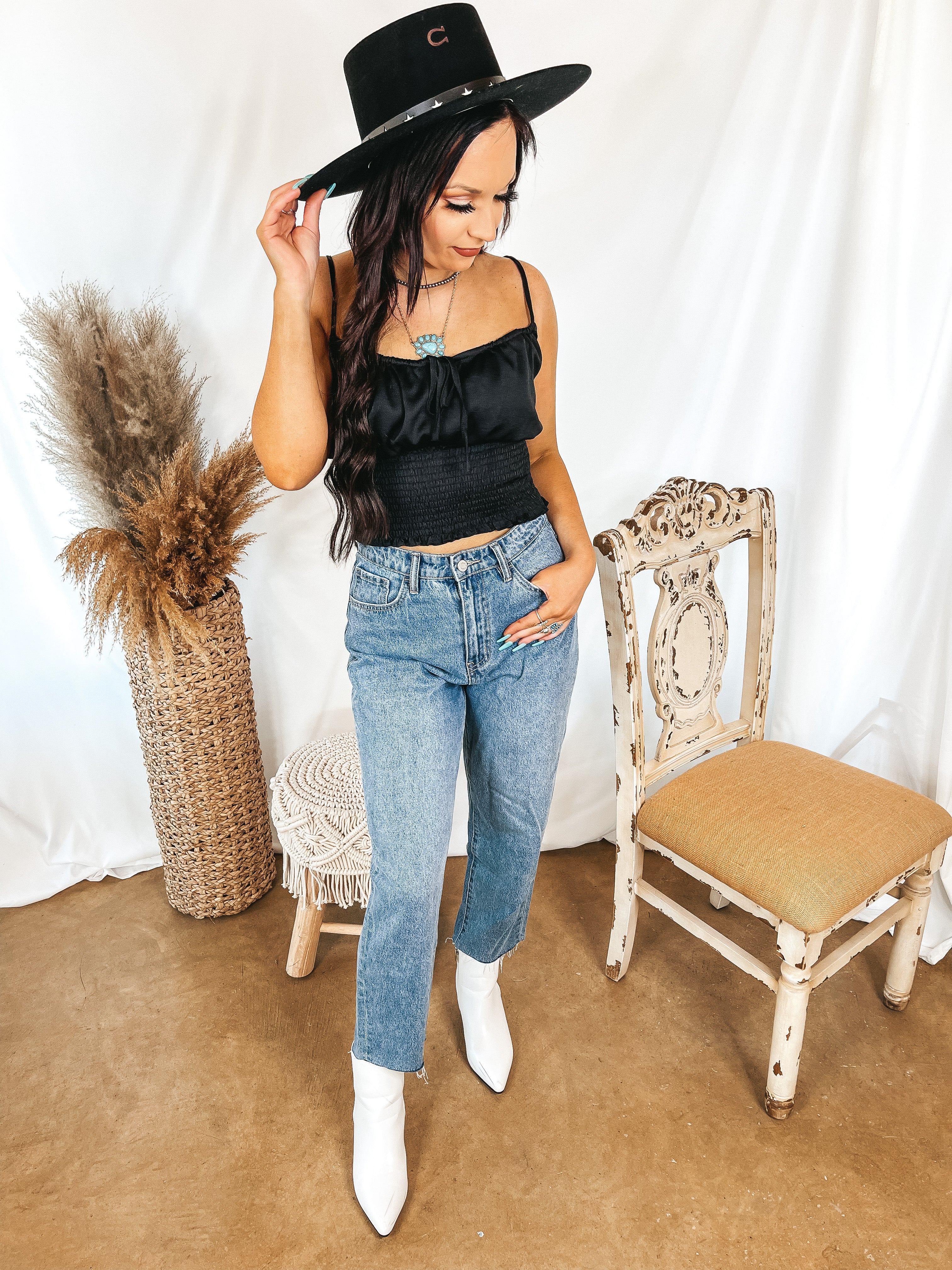 Proud To Be Spaghetti Strap Crop Top with Front Keyhole in Black - Giddy Up Glamour Boutique