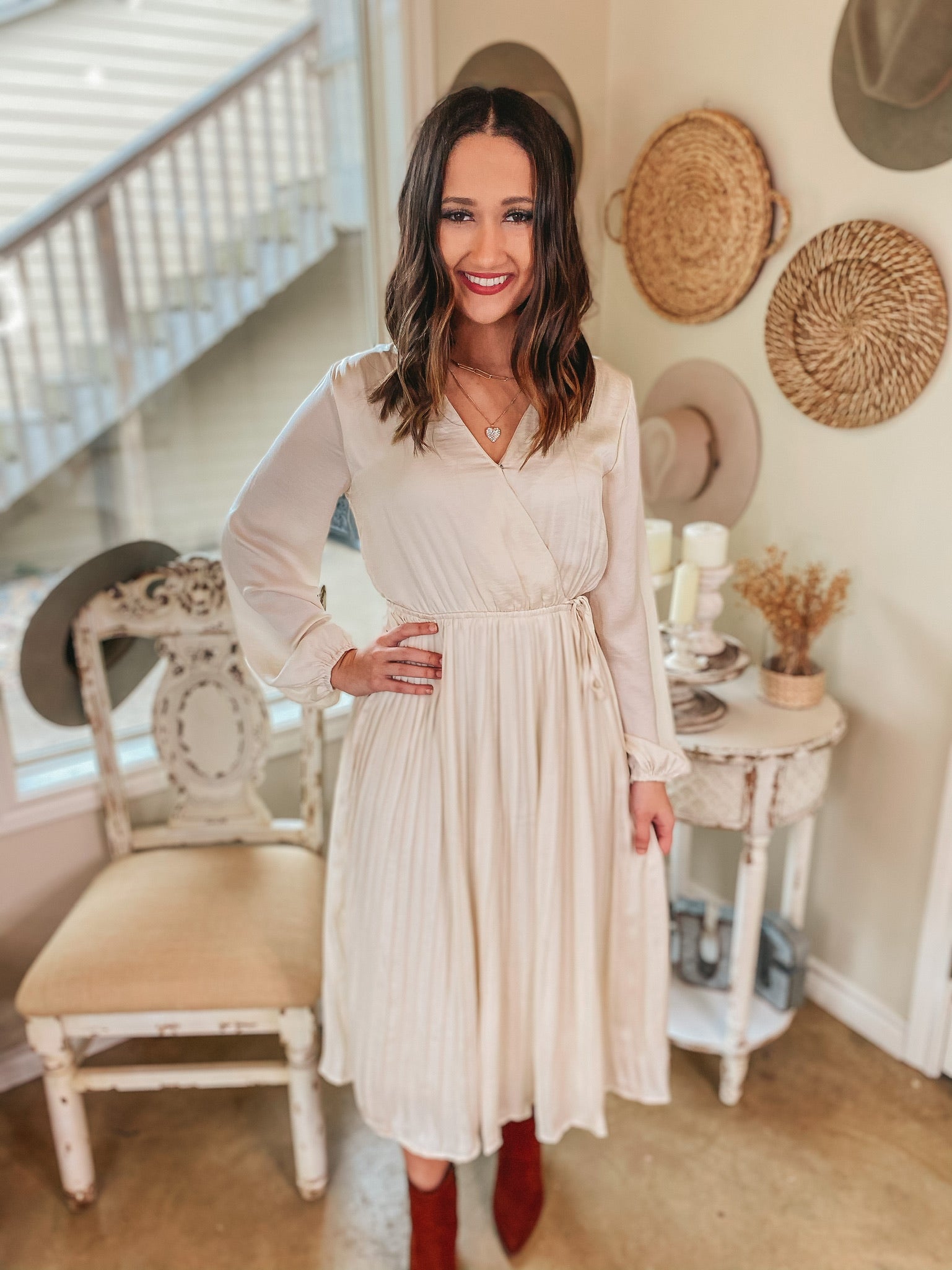 Last Chance Size Small & Medium | Bakersfield Brunch Long Sleeve Midi Dress with Pleated Skirt in Ivory - Giddy Up Glamour Boutique