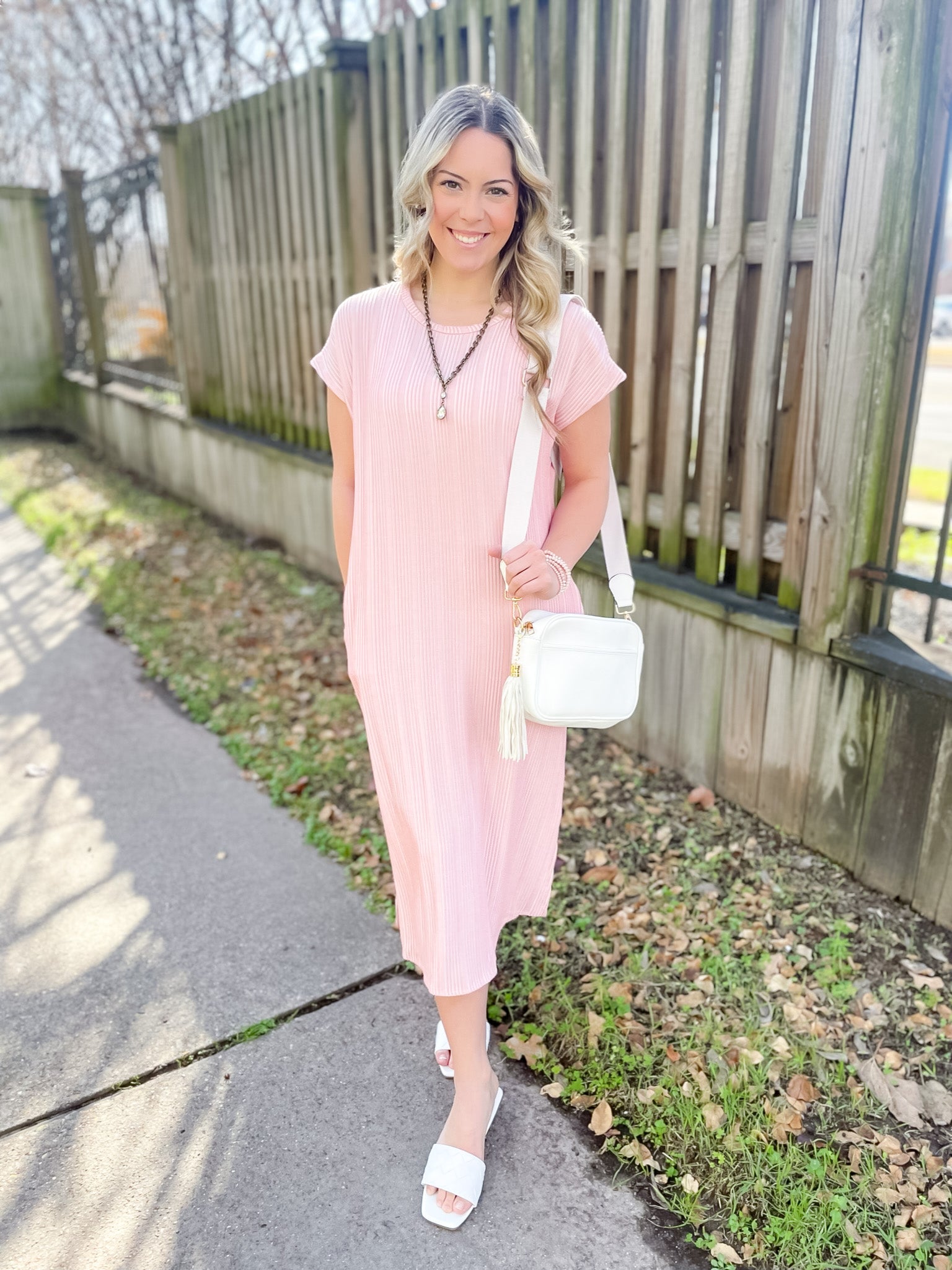 The More You Know Short Sleeve Ribbed Midi Dress in Pink - Giddy Up Glamour Boutique