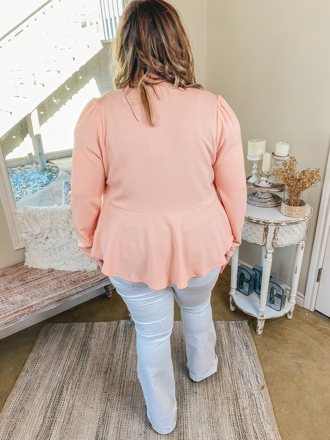 Coffee Please Open Front Long Sleeve Peplum Blazer in Peach Pink - Giddy Up Glamour Boutique